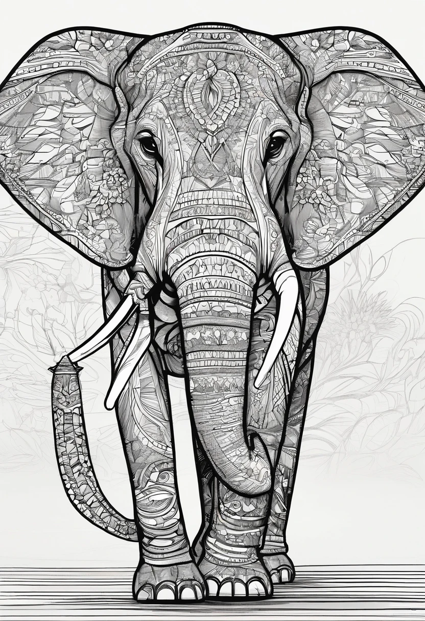 An elephant,Hand-drawn line drawings,Ultra-clear line drawing,plethora of colors,Ultra-clear details,New Chinese,超高分辨率,8K