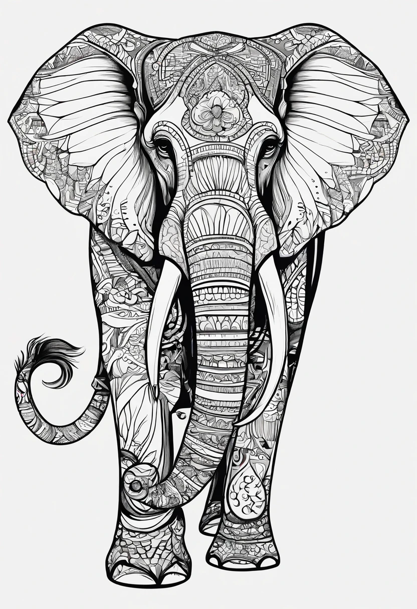 An elephant，Hand-drawn line drawings，Ultra-clear line drawing，plethora of colors，Ultra-clear details，New Chinese，超高分辨率，8K