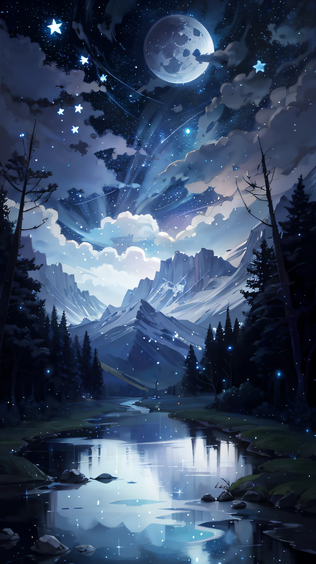 A painting of a river with stars and moon in the sky, concept art inspired by Tosa Mitsuoki, pixiv contest winner, best quality, fantasy art, beautiful anime scene, a bright moon, moonlit starry environment, dream painting, Anime Background Art, Fantasy Landscape Art, Fantasy Night, Anime Background, Background Artwork, Fantastic Art, Atmospheric Anime, Starry Sky, Detail Enhanced.