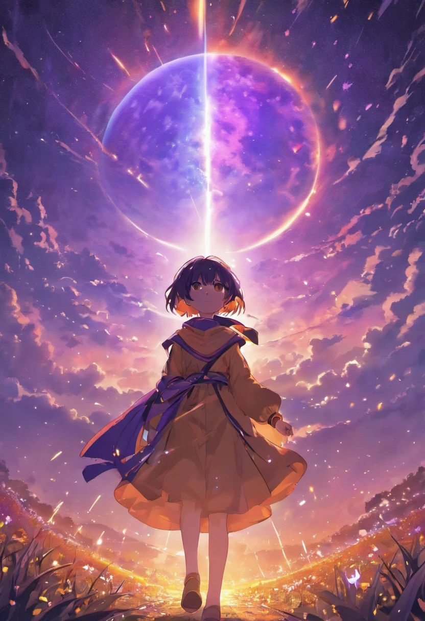 expansive landscape photography, (a view from below showing the sky above and the open field below), 1boy with short black hair and jujutsu kaisen uniform standing in the fiery field of flowers looking up,, (full moon:1.2 ), (shooting stars:0.9), (nebula:1.3), distant mountain, production art BREAK tree, (Warm Light Source:1.2), (PiriLampiãoo:1.2), Lampion, lots of purple and orange, intricate details, lighting volumetric, BREAK Realism (masterpiece:1.2), (best quality), 4k, ultra-detailed, (dynamic composition:1.4), highly detailed, colorful details, (iridescent colors:1.2), (bright lighting, atmospheric lighting), dreamy, magical, (alone:1.2)
