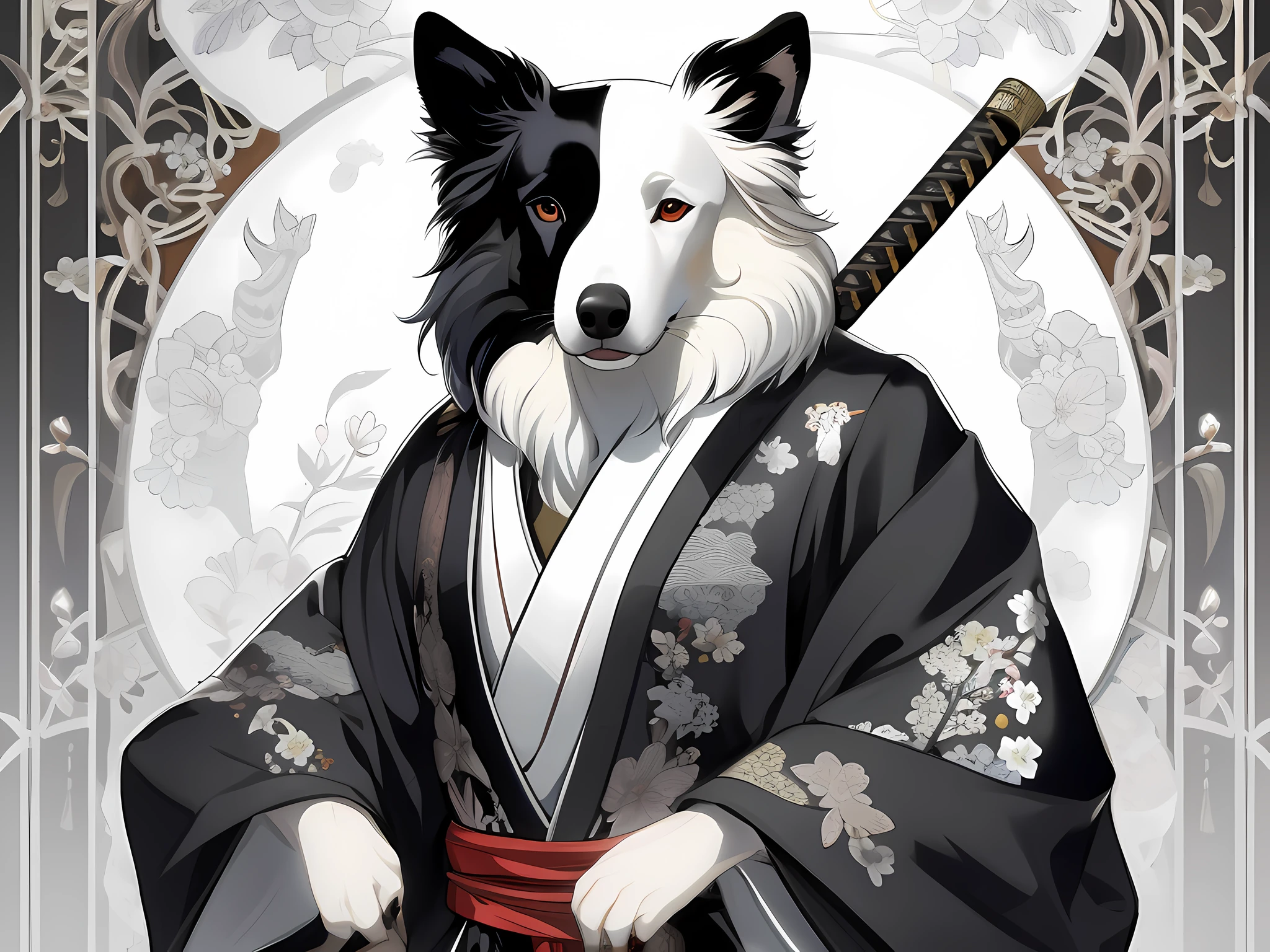 There is a dog that is dressed in a kimono outfit, japanese dog, feudal japan art, anime raposa branca, japanese art style, inspired by Tōshūsai Sharaku, inspired by Kanō Hōgai, arte oficial altamente detalhada, raposa nobushi , arte peluda muito bonita, Arte conceitual tradicional japonesa