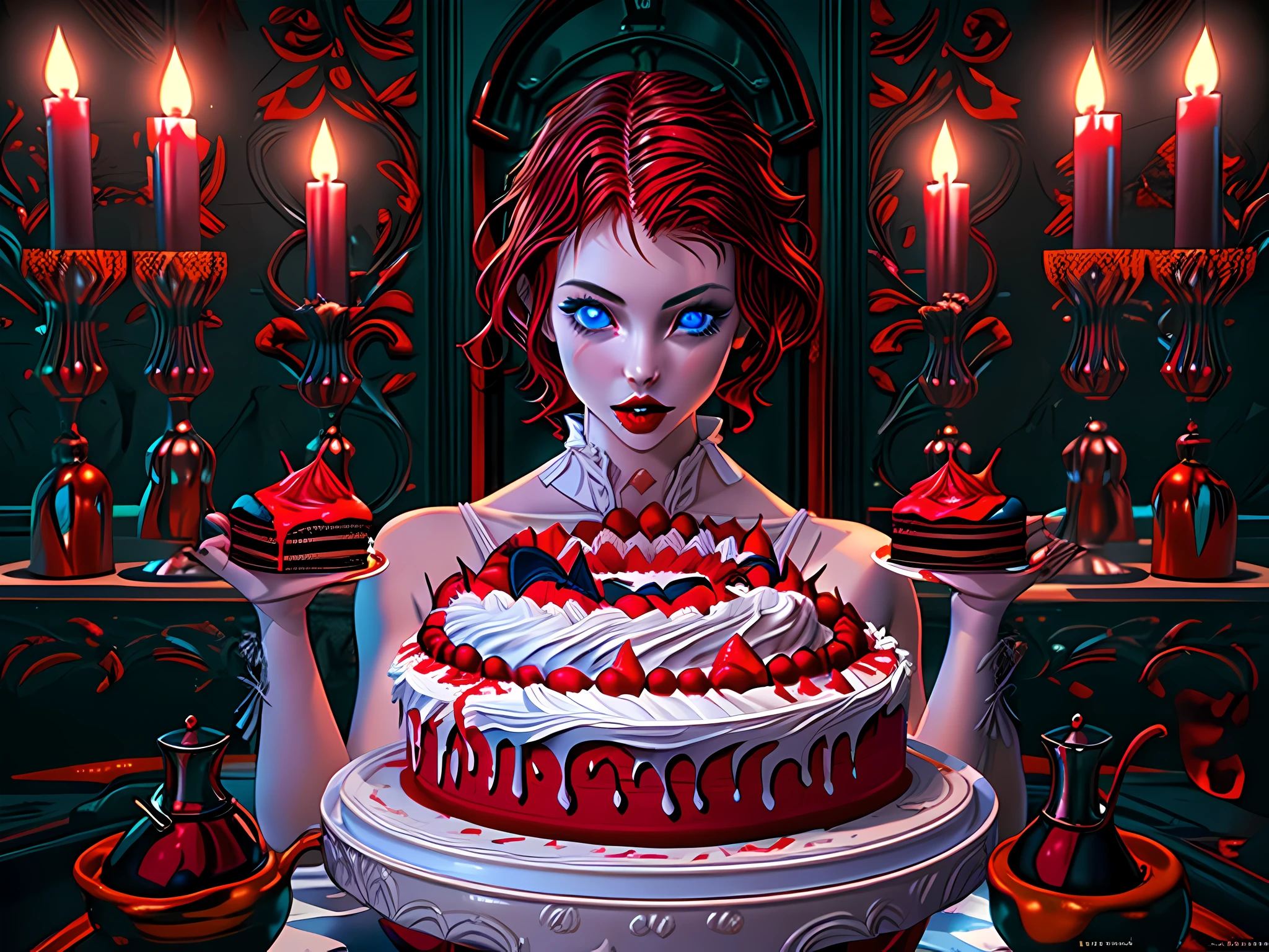 a picture of extremely beautiful female vampire looking at (red MasterChef style cake: 1.5), an exquisite beautiful vampire, ultra feminine ultra detailed face, red hair, short hair, pale skin, red lips, blue eyes, wearing sexy white seductive latex dress, looking at a red Bakeoff, award winning cake, 2 floors, decorated with red whipped cream, and artful stylish decorations, dark décor style kitchen background, dim candles light, dark fantasy art, gothic art,  dynamic angle, best details, best quality, 16K, [ultra detailed], masterpiece, best quality, (ultra detailed), full body, ultra wide shot, photorealistic, 3D rendering