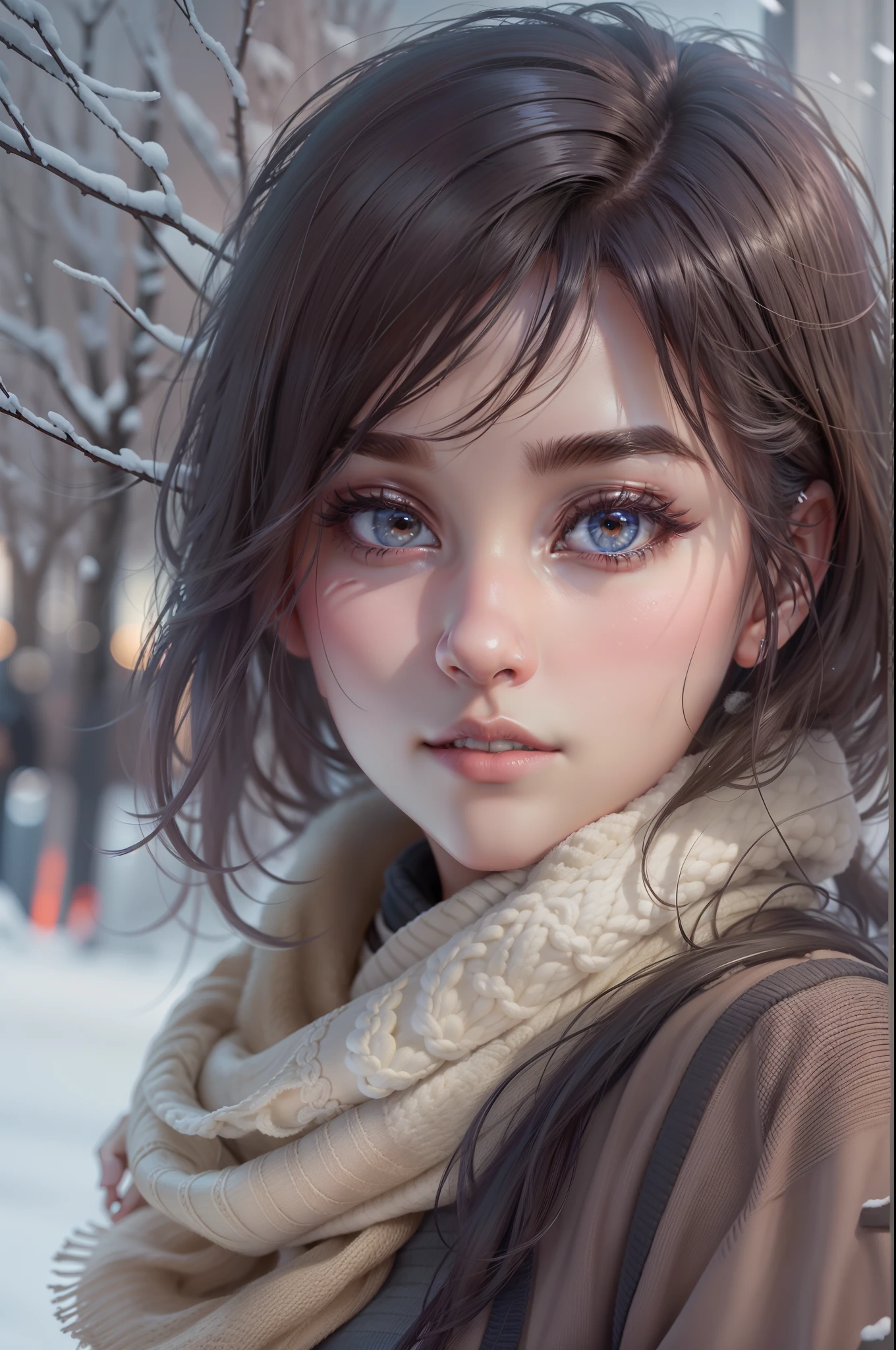 Winters，Snowy landscape，Beautiful teenage girl，lacepantyhose，random color，Long sweater，scarf，depth of fields，Real Light，Ray traching，OC Renderer，UE5 Renderer，Hyper-realistic，best qualtiy，8K，Works of masters，super-fine，Detailed pubic hair，Correct anatomy