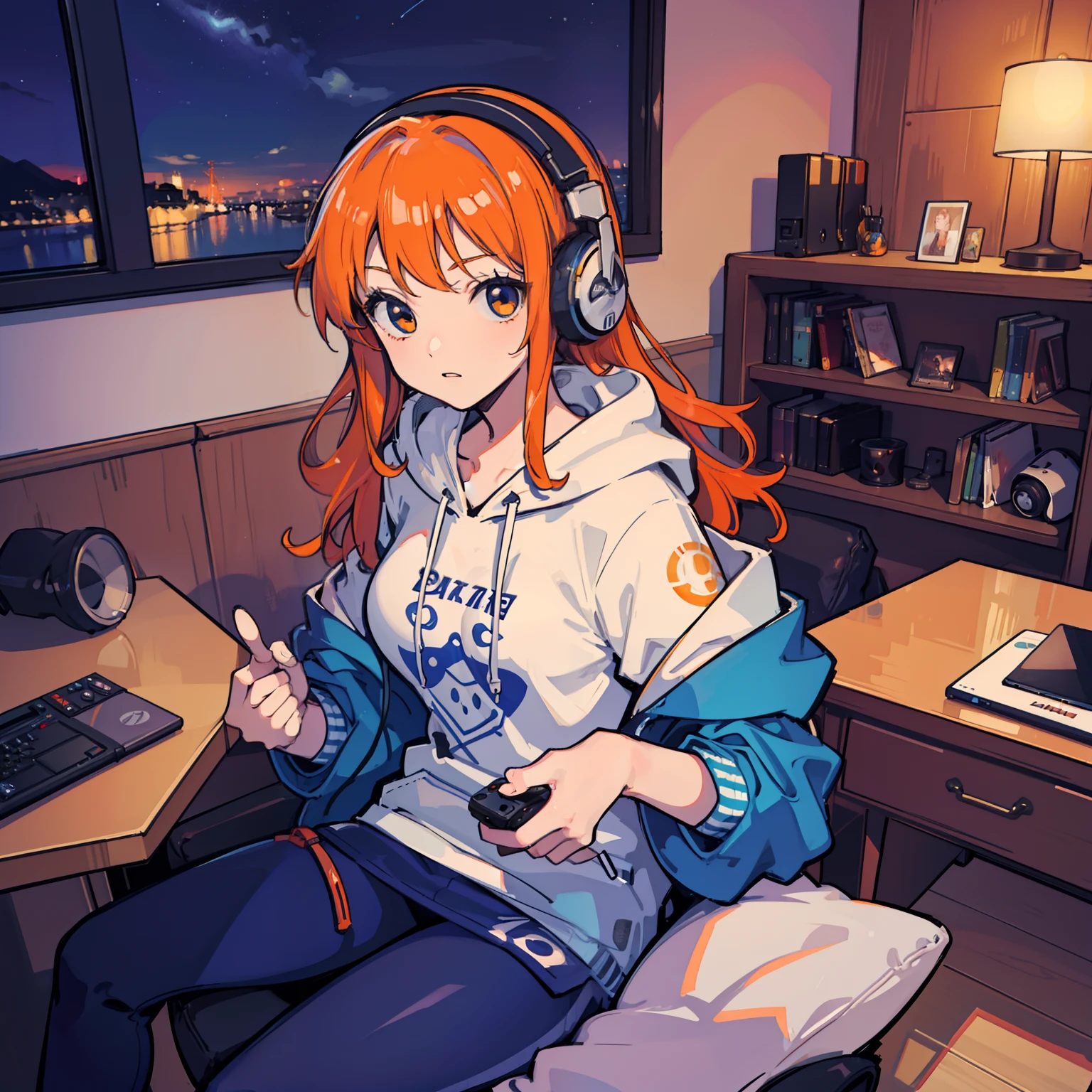 masterpiece, fine detail, 4k, 8k, 12k, solo, solo, beautiful girl, white woman, Nami from One Piece, orange hair, long hair, game controller, indoors, room, own room, computer, playing games, headphones, hoodie, night sky