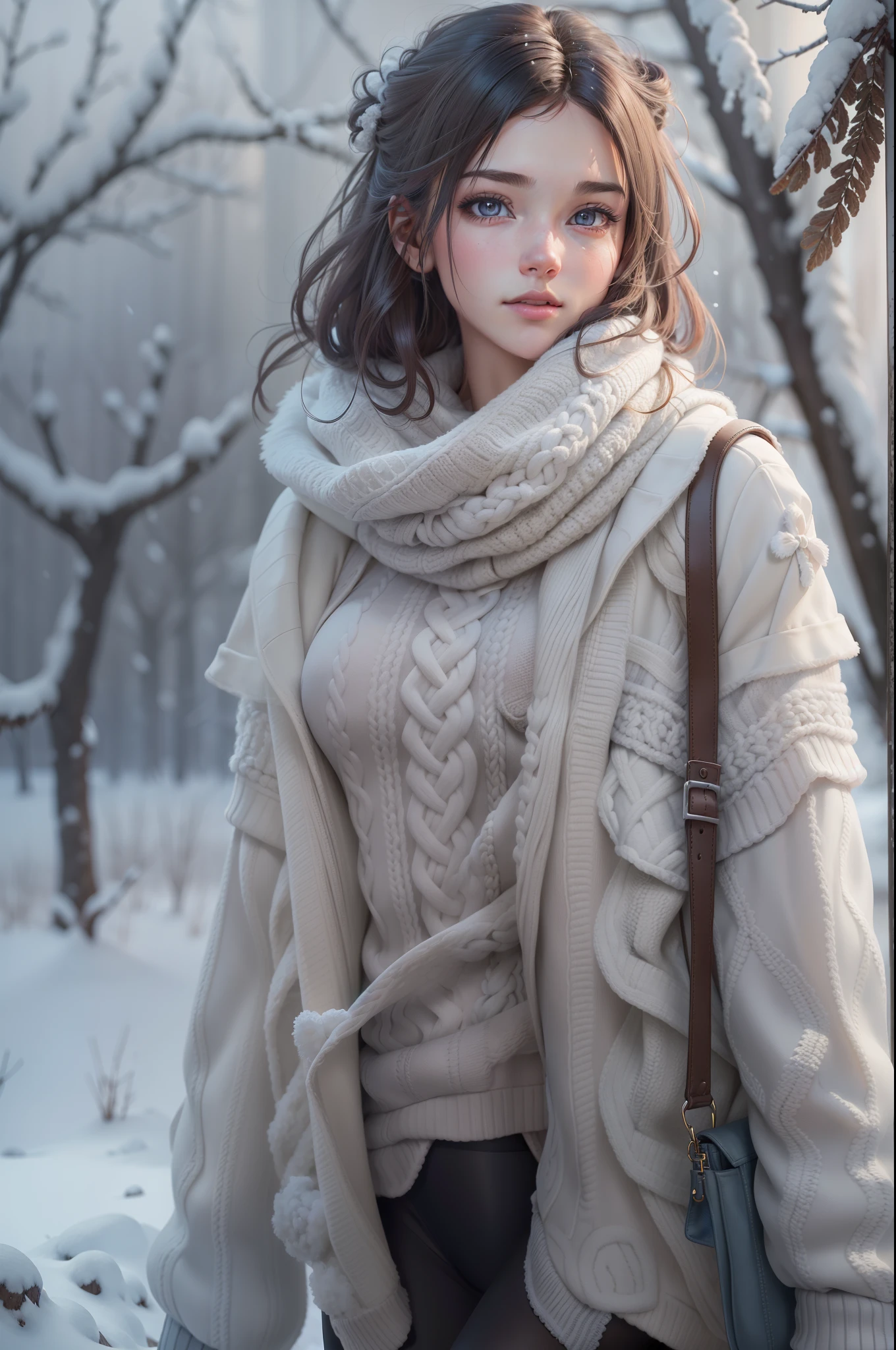 Winters，Snowy landscape，Beautiful age girl，lacepantyhose，random color，Long sweater，scarf，depth of fields，Real Light，Ray traching，OC Renderer，UE5 Renderer，Hyper-realistic，best qualtiy，8K，Works of masters，super-fine，Detailed pubic hair，Correct anatomy