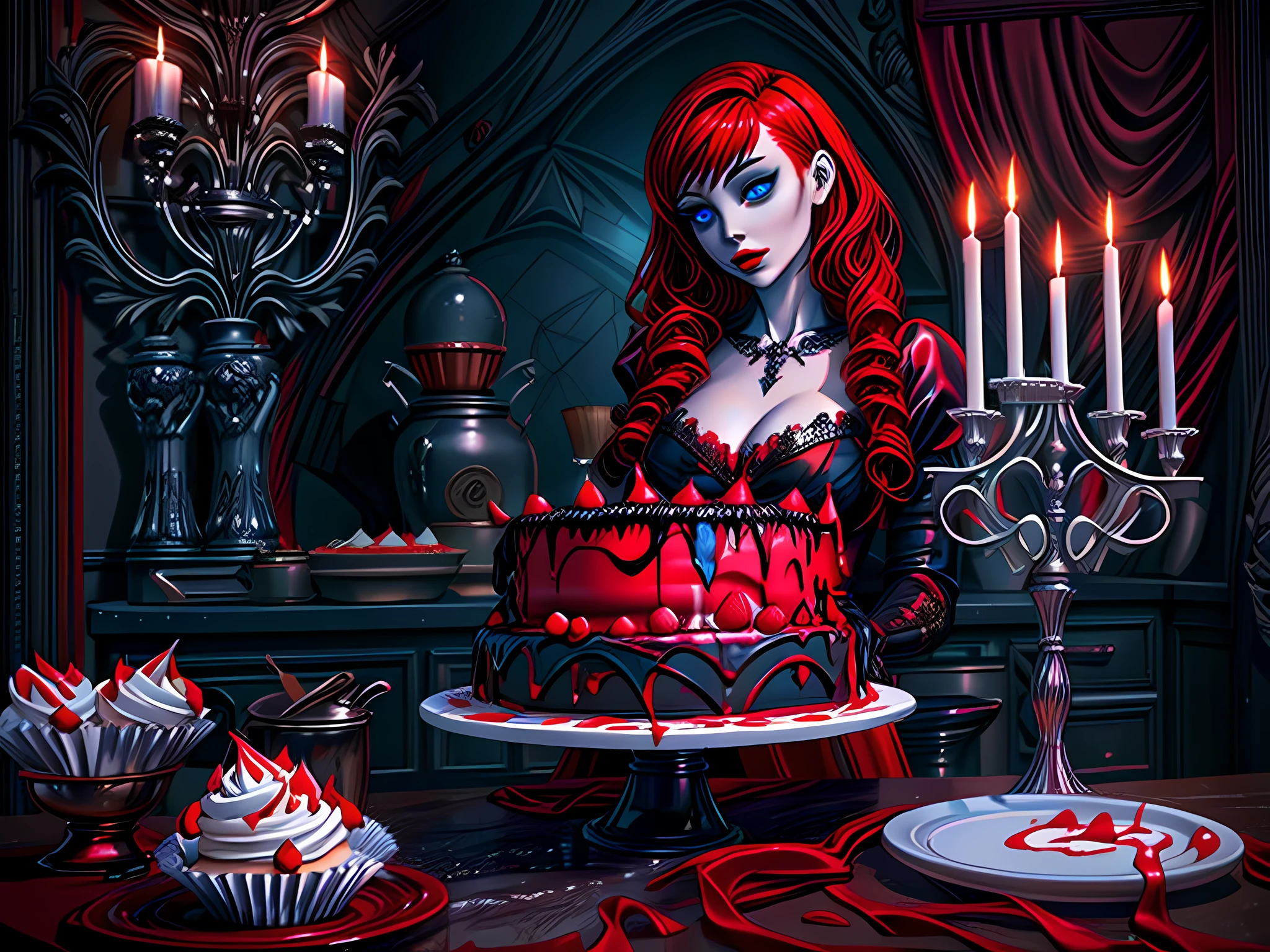 a picture of extremely beautiful female vampire looking at (red MasterChef style cake: 1.5), an exquisite beautiful vampire, ultra feminine ultra detailed face, red hair, short hair, pale skin, red lips, blue eyes, wearing sexy white seductive latex dress, looking at a red Bakeoff, award winning cake, 2 floors, decorated with red whipped cream, and artful stylish decorations, dark décor style kitchen background, dim candles light, dark fantasy art, gothic art,  dynamic angle, best details, best quality, 16K, [ultra detailed], masterpiece, best quality, (ultra detailed), full body, ultra wide shot, photorealistic, 3D rendering