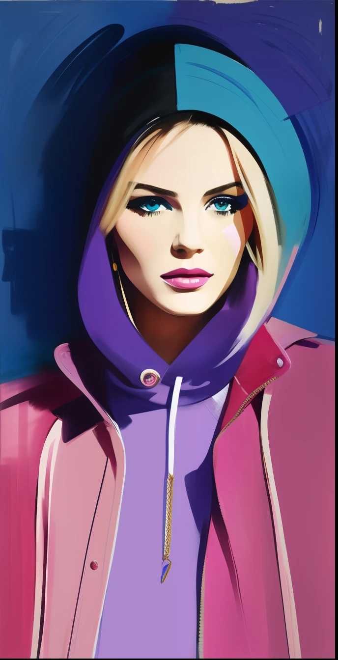 David downton fashion illustration, mustafa soydan art, blonde woman blue eyes, cute, lilac hoodie, gentle pink leather jacket, feminine, change background day city street, fresh color, artistic brushstrokes