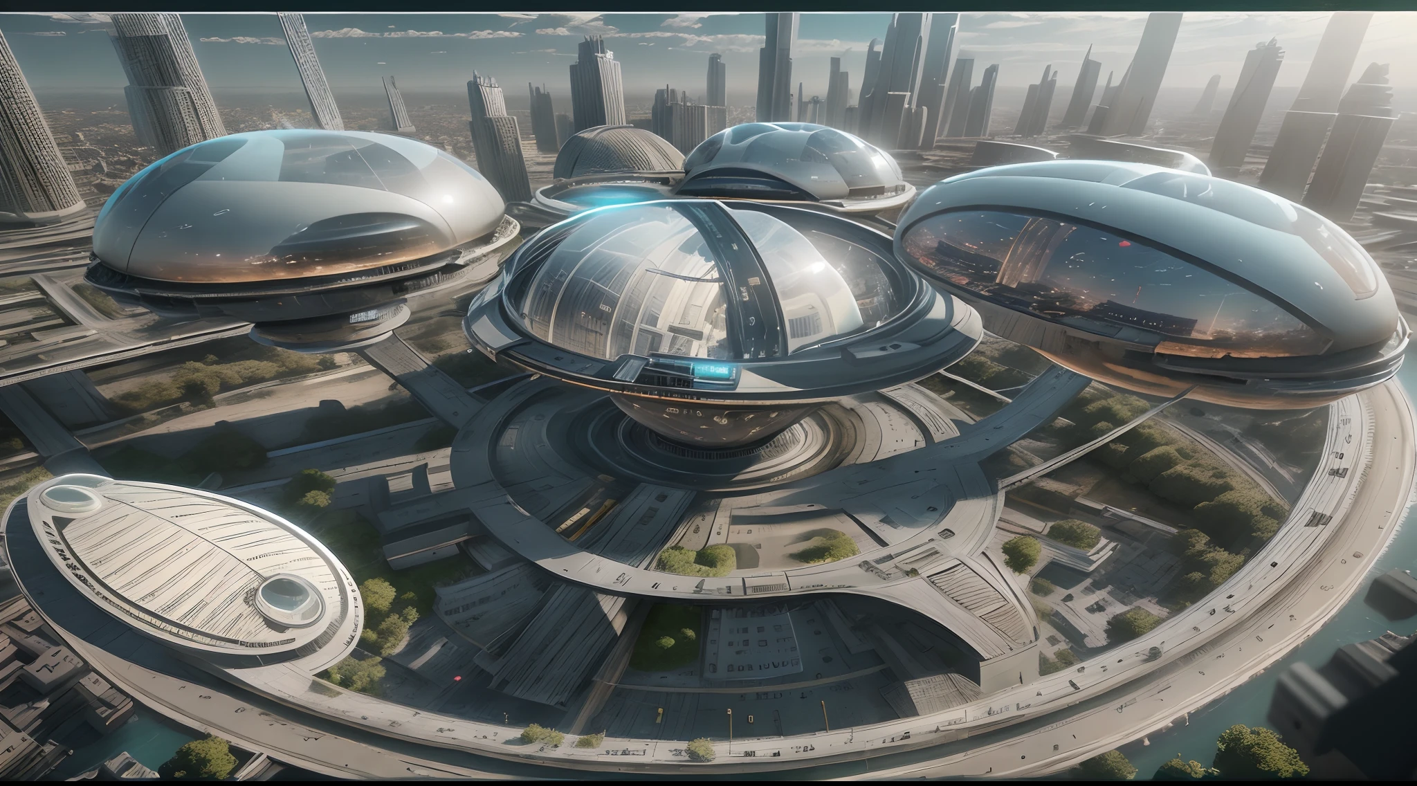 Ultra photo realsisim，Hyper-detailing，Ultra-wide-angle picture，24th century，sci fi city，and the sun was shining brightly，Tech City of the Future，Oval building，Suspended circular aircraft，Roads that lead in all directions，highly detailed surreal vfx，Smudge，Faraway view，super-fine，ultra - detailed，high qulity，8K ，oc rendered，dynamic viewing angle