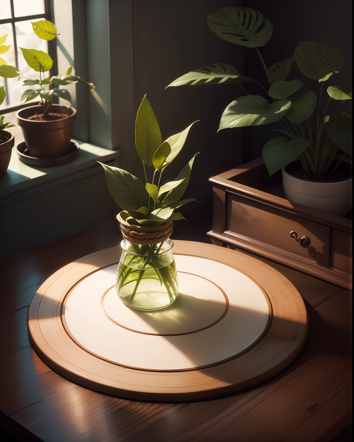 A glass jar with indoor plant with green leaves.  That jar is on a tea table