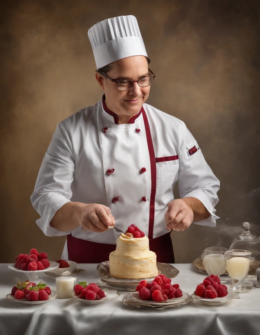 a professional pastry chef skillfully assembling a decadent dessert. The image reveals an immaculate pastry kitchen adorned with marble countertops and glass display cases. The chef, an elegant woman in her thirties, delicately places a raspberry on a creamy mousse cake, her hand adorned with a silver ring. The air is filled with the aroma of freshly baked treats. The backdrop showcases a variety of exquisite desserts, showcasing the chef's artistry and attention to detail. This photograph embodies the sophistication and elegance of high-end pastry creations. Photographed by Pierre Hermé, a world-renowned pastry chef and master of flavor combinations
