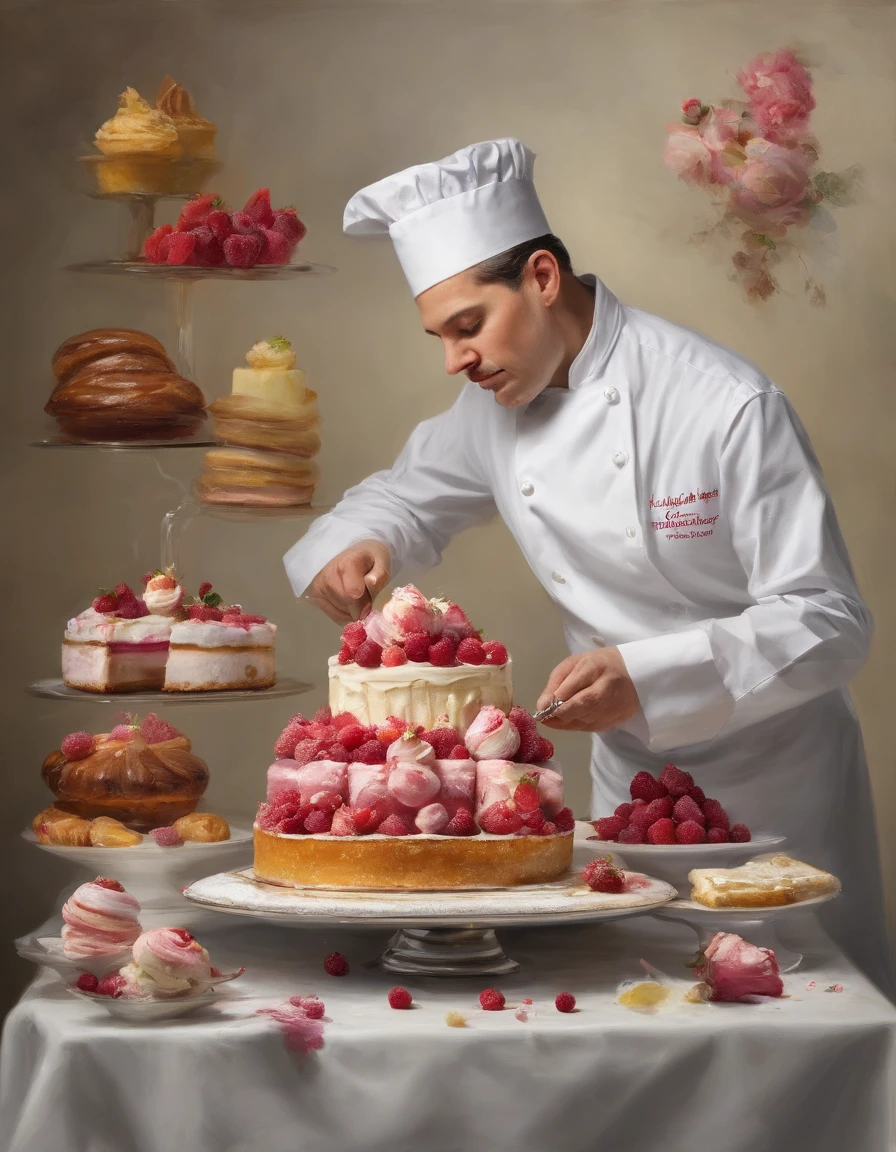 a professional pastry chef skillfully assembling a decadent dessert. The image reveals an immaculate pastry kitchen adorned with marble countertops and glass display cases. The chef, an elegant woman in her thirties, delicately places a raspberry on a creamy mousse cake, her hand adorned with a silver ring. The air is filled with the aroma of freshly baked treats. The backdrop showcases a variety of exquisite desserts, showcasing the chef's artistry and attention to detail. This photograph embodies the sophistication and elegance of high-end pastry creations. Photographed by Pierre Hermé, a world-renowned pastry chef and master of flavor combinations