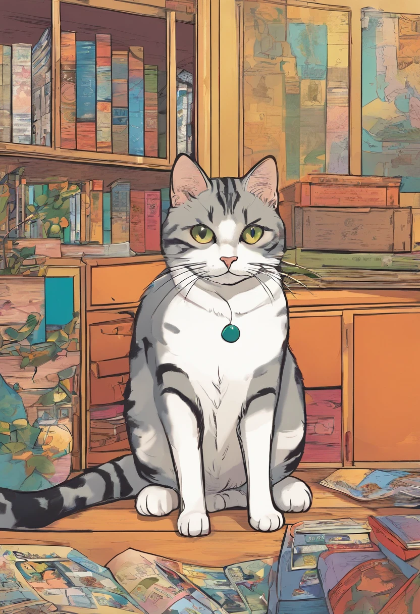 In American comics, Stories are displayed in multiple irregularly colored panels. This American shorthair cat is、Experiencing difficulties when running away from home、After that, I was reunited with the owner. Exaggerated and meticulous style