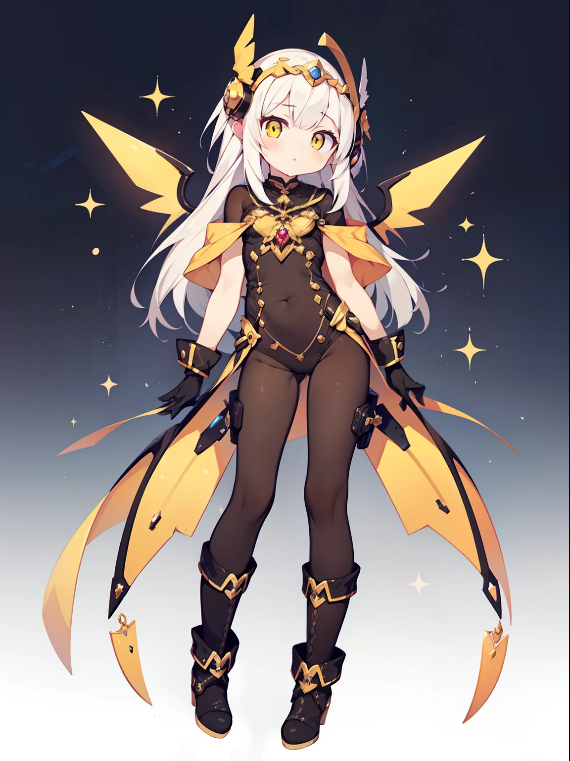 Colorful , masutepiece, Best Quality, 1girl in, li, white hair, long hair, straight haur, yellow eyes, shiny eyes, Black inner suit that sticks to the body, Full body standing picture, petite, looking at left, Mechanical gloves, Full body tights, ratex, mechanical wings, machanical boots, mechanical headdress, contrapposto, jitome, parted lips, expressionless,