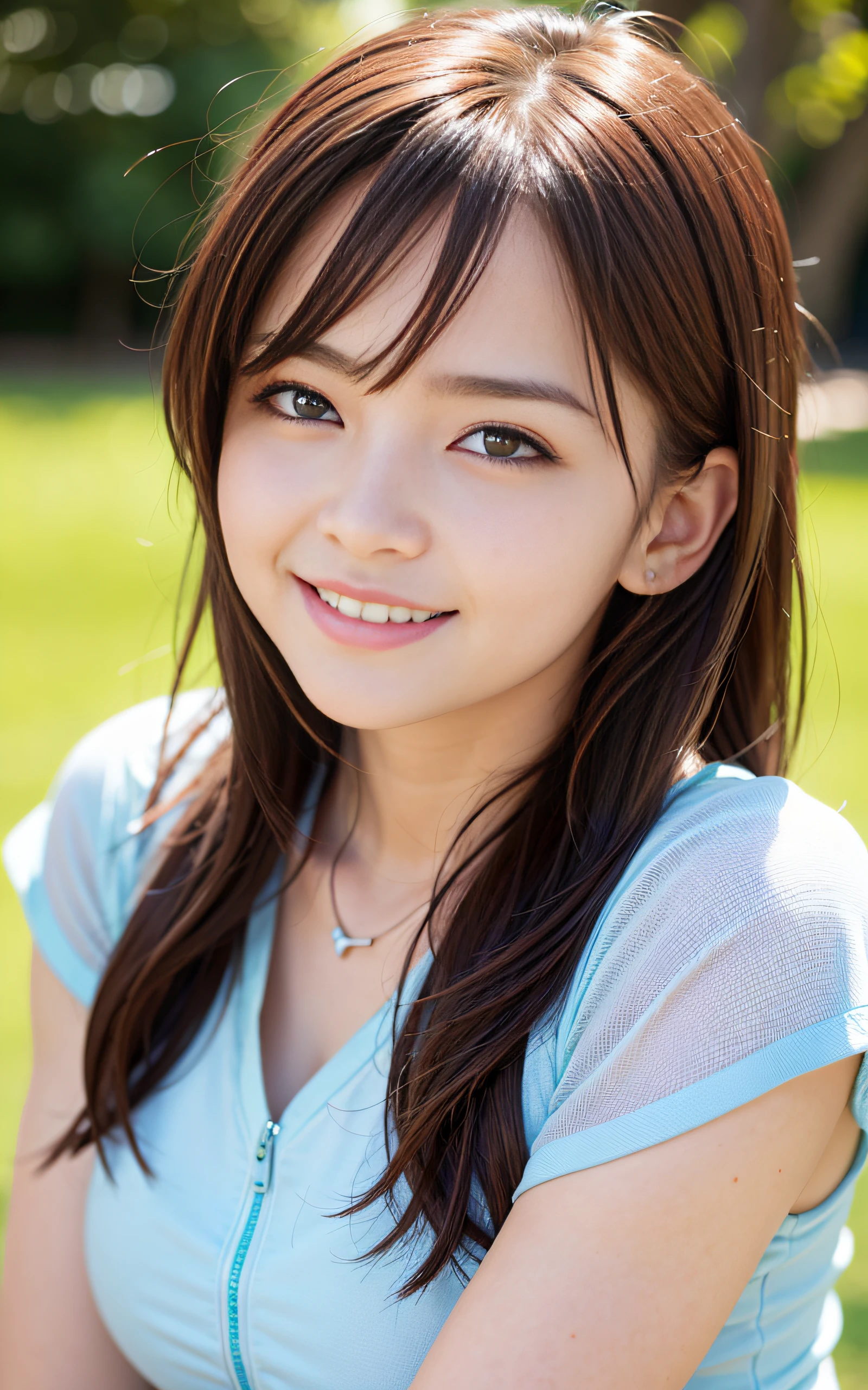 masutepiece, Best Quality, 8K, 1girl in, Good Hand,  yo, close up of face, Lively, Active, Life Force, Luminescent, Looking away, Raw photo, F/1.8, 135 mm, NIKON, Anatomically correct, Bokeh，Textured skin, Professional Photography, Portrait, Soft light, Professional Lighting, Solo, (Smile), Cute, Girly, Film grain, (Eyes and faces with detailed:1.0), Brown hair, Medium hair swaying in the wind,