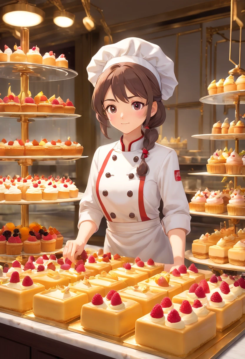 a professional pastry chef skillfully assembling a decadent dessert. The image reveals an immaculate pastry kitchen adorned with marble countertops and glass display cases. The chef, an elegant woman in her thirties, delicately places a raspberry on a creamy mousse cake, her hand adorned with a silver ring. The air is filled with the aroma of freshly baked treats. The backdrop showcases a variety of exquisite desserts, showcasing the chef's artistry and attention to detail. This photograph embodies the sophistication and elegance of high-end pastry creations. Photographed by Pierre Hermé, a world-renowned pastry chef and master of flavor combinations