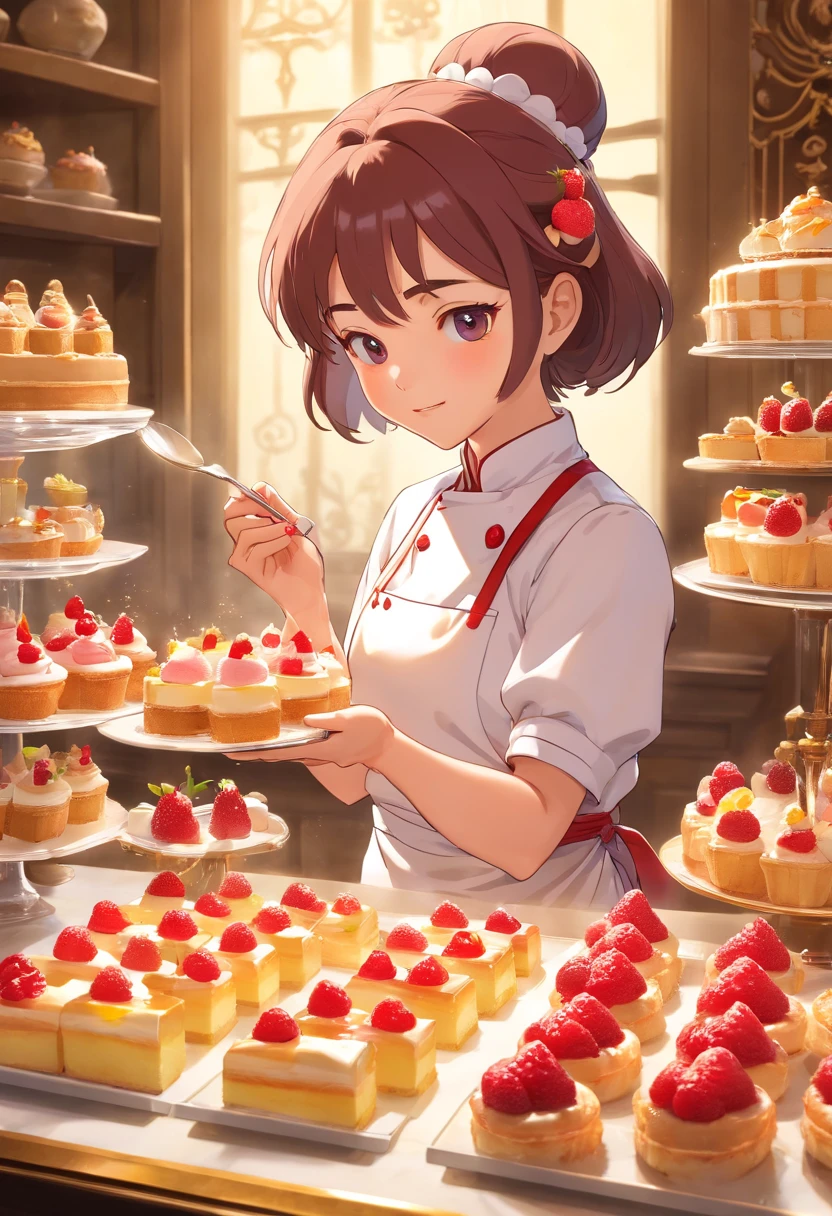 a professional pastry chef skillfully assembling a decadent dessert. The image reveals an immaculate pastry kitchen adorned with marble countertops and glass display cases. The chef, an elegant woman in her thirties, delicately places a raspberry on a creamy mousse cake, her hand adorned with a silver ring. The air is filled with the aroma of freshly baked treats. The backdrop showcases a variety of exquisite desserts, showcasing the chef's artistry and attention to detail. This photograph embodies the sophistication and elegance of high-end pastry creations. Photographed by Pierre Hermé, a world-renowned pastry chef and master of flavor combinations