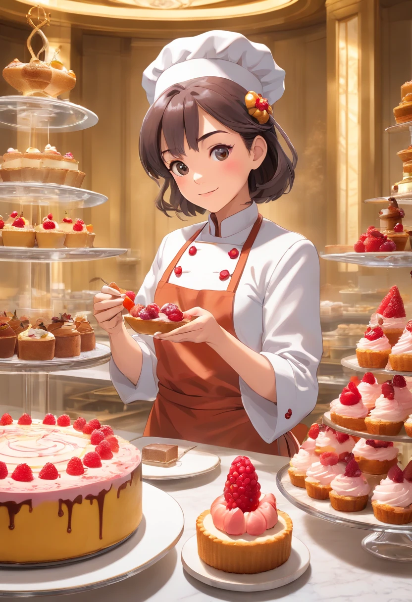 a professional pastry chef skillfully assembling a decadent dessert. The image reveals an immaculate pastry kitchen adorned with marble countertops and glass display cases. The chef, an elegant woman in her thirties, delicately places a raspberry on a creamy mousse cake, her hand adorned with a silver ring. The air is filled with the aroma of freshly baked treats. The backdrop showcases a variety of exquisite desserts, showcasing the chef's artistry and attention to detail. This photograph embodies the sophistication and elegance of high-end pastry creations. Photographed by Pierre Hermé, a world-renowned pastry chef and master of flavor combinations