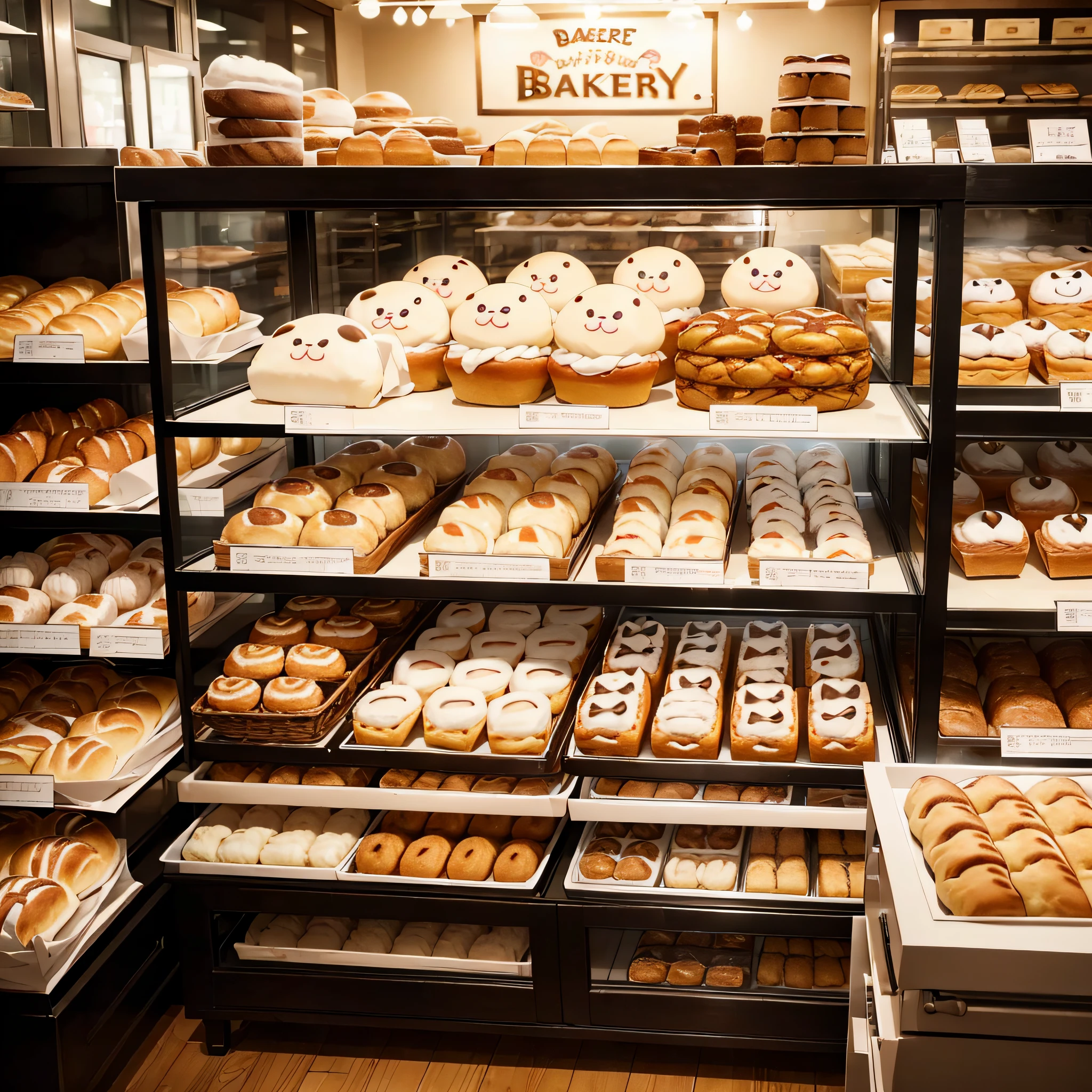 Masterpiece、(((The inside of a bakery famous for its cute clerks and a cute baker)、(Sweet bread with animal faces painted on them)、(Cute-looking bread is on display.))):1.9、Bread making、Highly detailed background,Realistic,ultra-detailliert,super detailed skin,light glow,Film grain,Expro II,Lens Flare,Sharpen,cinematic shadow