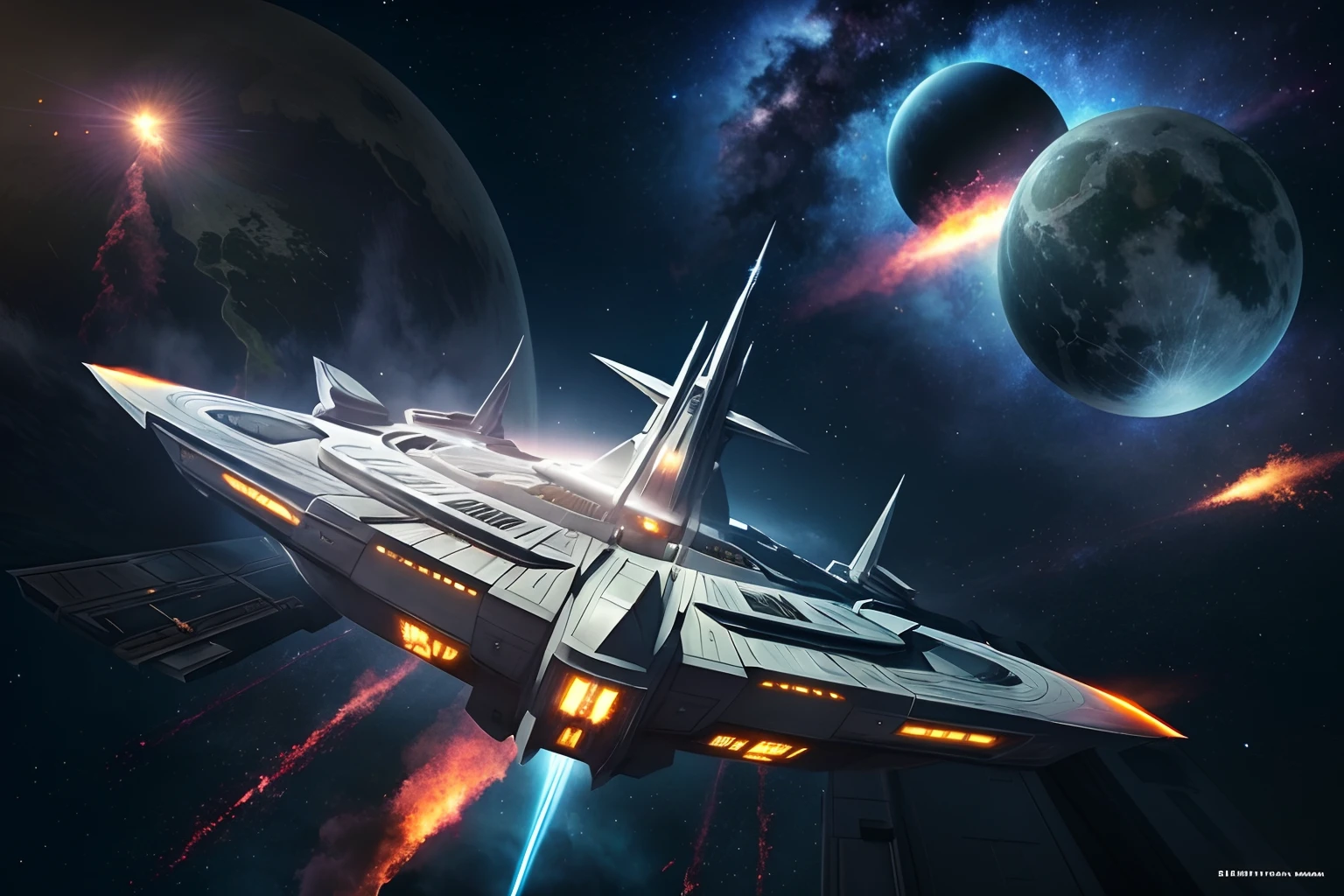 A close up of a spaceship flying through space with a planet in the ...