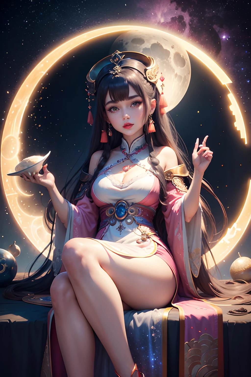 (masterpiece), (best quality), 8k resolution, 1girl, Asian girl, stunning beauty, perfect face, mature female, 20yo, bunny ears, Hanfu, rm dress,rm hair ornament, hanfu, see-through, silk, jewelry, fantasy, on the moon