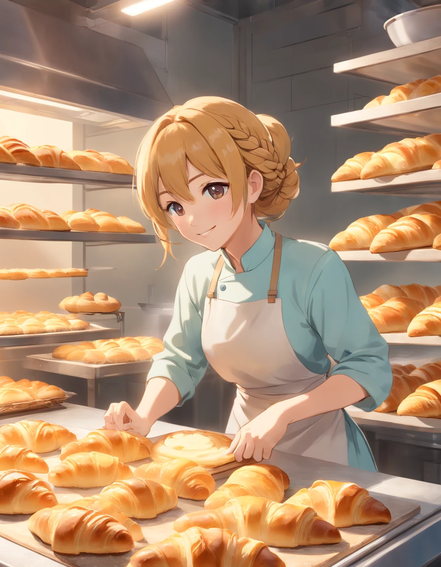 a talented baker meticulously forming perfect dough for flaky pastries. The image showcases a well-equipped bakery with stainless steel countertops and an array of baking tools. The baker, a youthful woman with a glowing smile, rolls out the dough with a wooden rolling pin, showcasing her expertise. The aroma of freshly baked goods fills the air. The backdrop features trays of golden croissants and delicately braided Danish pastries cooling on racks. This photograph encapsulates the precision and skill required in the art of pastry making. Photographed by Claire Ptak, a renowned pastry chef specializing in natural and seasonal ingredients