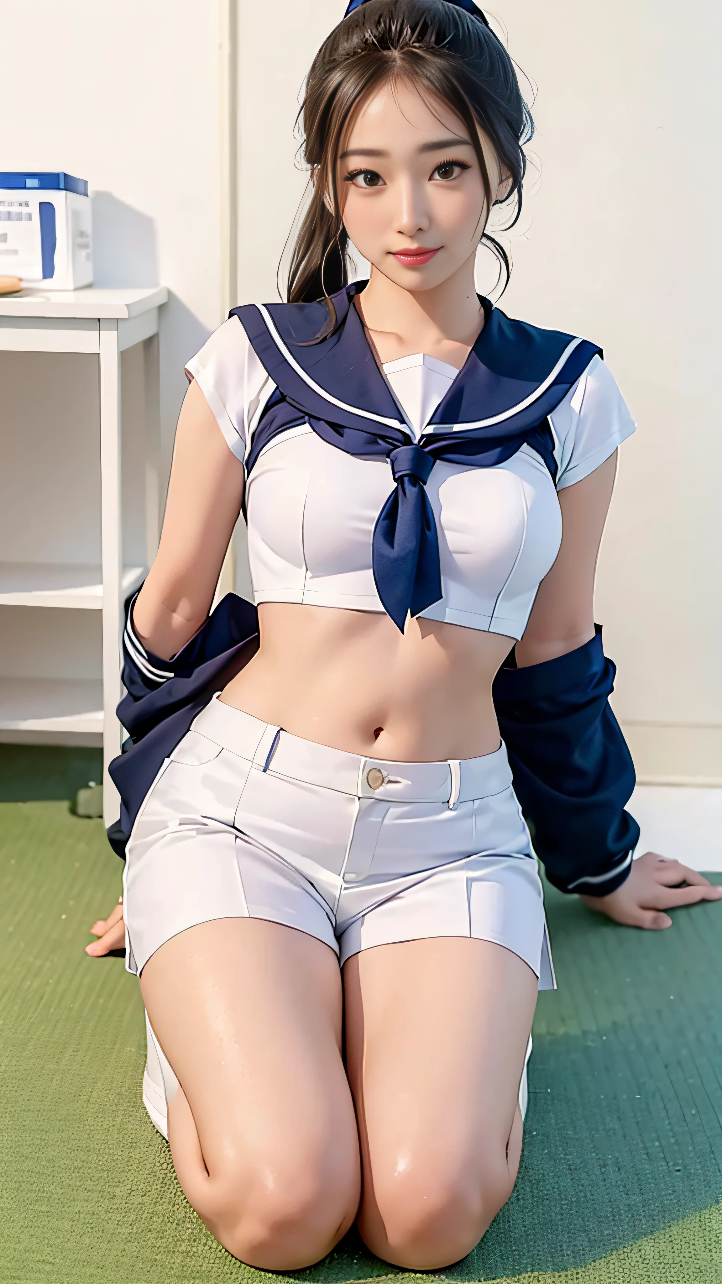 There was a woman kneeling in uniform, a sailor suit、White shorts、White undercoat、White pants、Beautiful linen ponytail、Beautiful navel、Beautiful photos～cute female student, wearing a Japanese school uniform, japanese girl school uniform, Shoot with C...