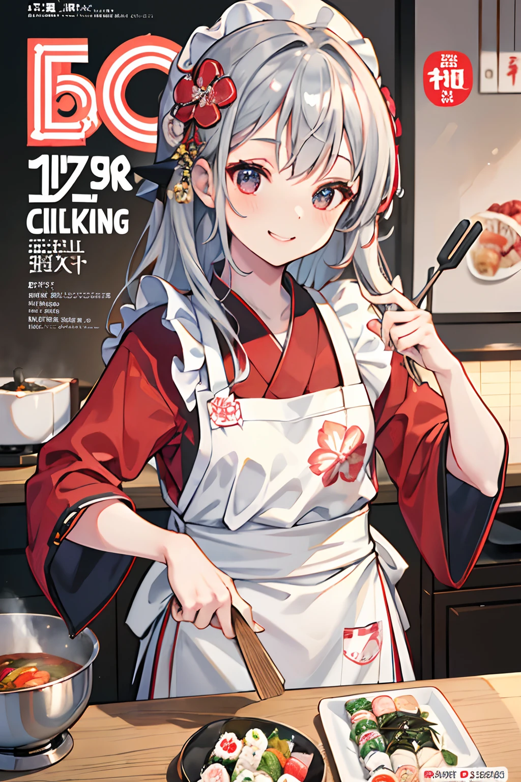 (masuter piece,Best Quality,Ultra-detailed), (A detailed face),Cover of a cooking magazine,1girl in,silber hair,Aimei,age19,cute little,Warm smile,japanese sushi, sushi chef,Floral apron,foods,Texto,advertisement,magazine title