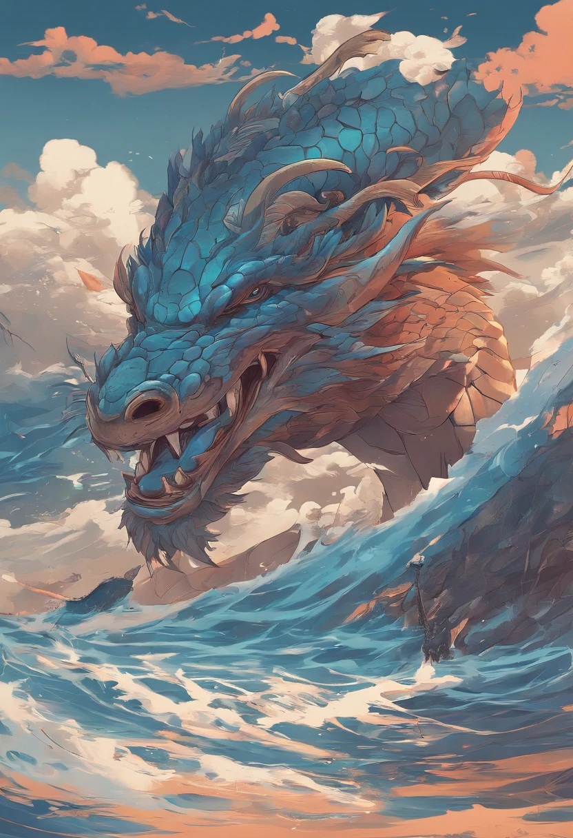 China-style,Chinese mythology,Dragon turtle,faucet,Angular,Turtle body,Giant tortoiseshell shell,(Heavy tortoiseshell shell:1.4),The tail of the snake grows out,has horns on its head,tosen,Ferocious,gargantuan,The eyes glow blue light,the sea,Huge waves,surrounded by cloud,中景 the scene is,Full body like, highly detailed surreal vfx,oc rendered, - AR 16:9 --q 2 --s 1000