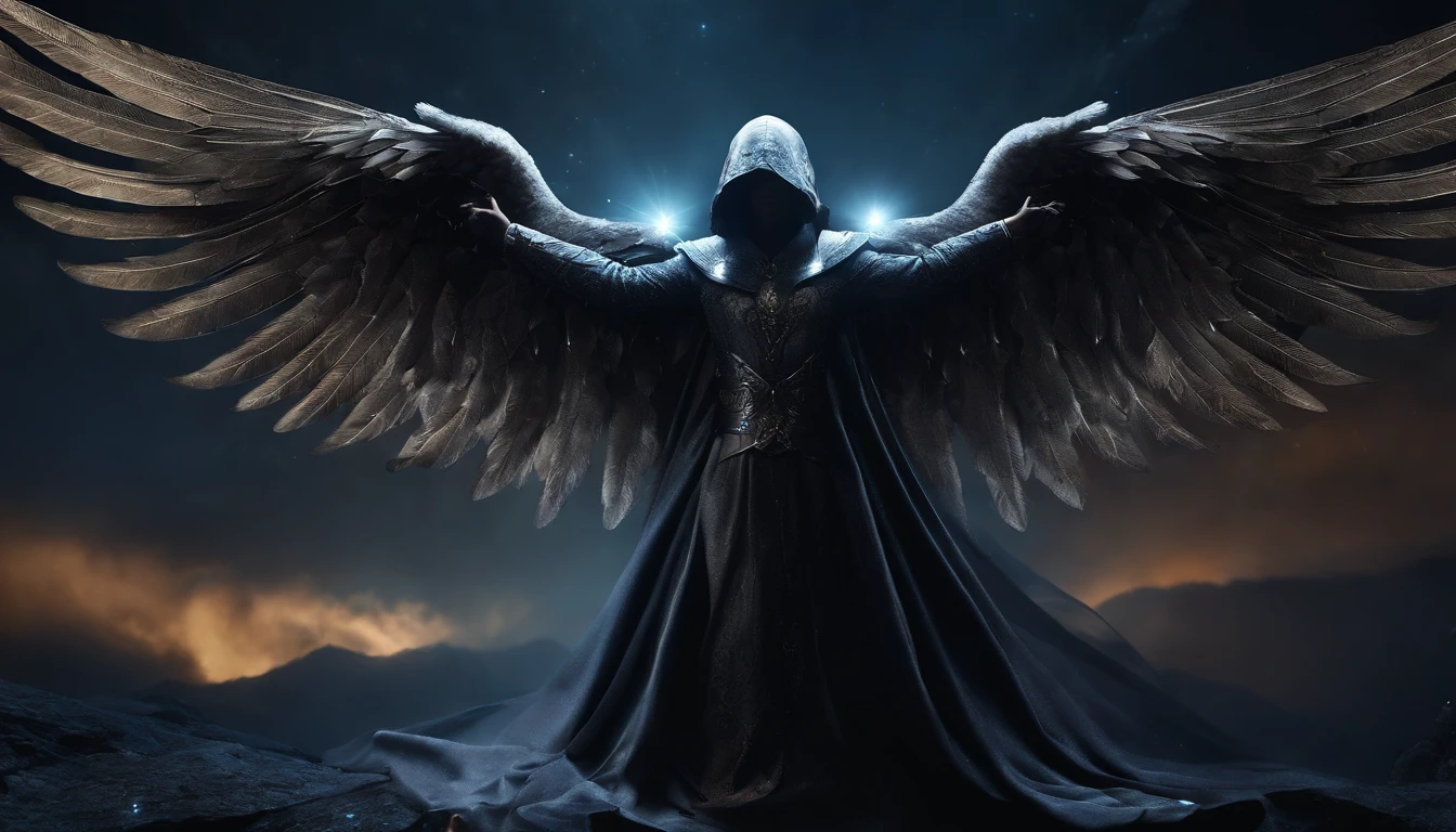 cosmic fallen angel, olhos claros brilhantes, Biomechanicals, estranho, assustador, Pesadelo, cores muito brilhantes, light particles, com luz brilhante, Mshiv, Arte do papel de parede, Papel de parede UHD, Anakyr Skywalker, 15 anos, roupas medievais