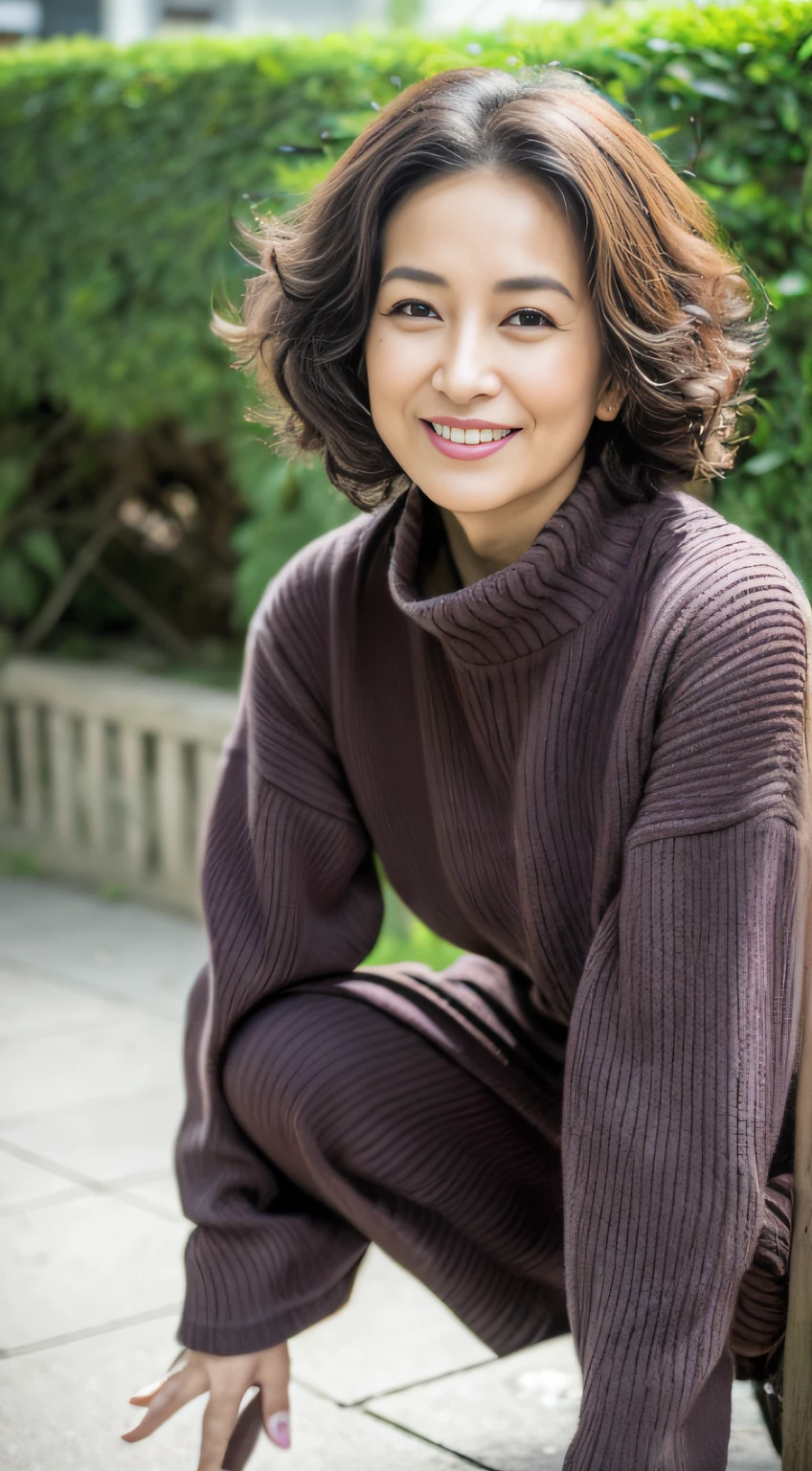 ((Best quality, 8K, Masterpiece, Portrait: 1.3)), (View viewers), Photorealism, Sharp focus, Solo, The Moro Islamic Liberation Front of Japan, Beauty, 28 years old, Curly hair, wrinkles around the eyes, high-necksweater ((standing on one leg)), Walk in the park,