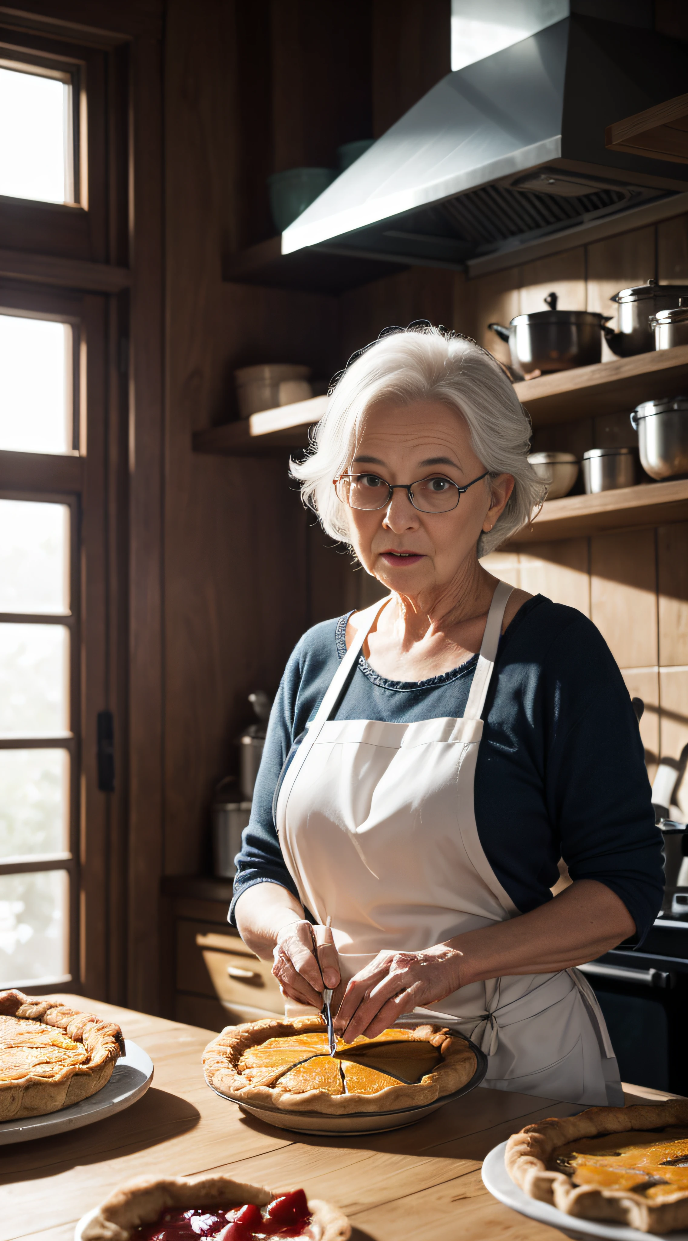 photo RAW,(fantasy village,grandma baking a pie in the cosy kitchen), masterpiece, award winning photography, lighting, perfect composition, high detail, hyper realistic,dramatic lighting, epic, (natural colors, correct white balance, color correction, dehaze,clarity),vivid colours