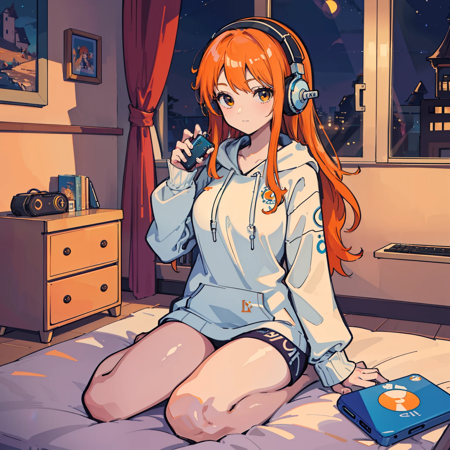 masterpiece, fine detail, 4k, 8k, 12k, solo, solo, beautiful girl, white woman, Nami from One Piece, orange hair, long hair, game controller, indoors, room, own room, computer, playing games, headphones, hoodie, night sky