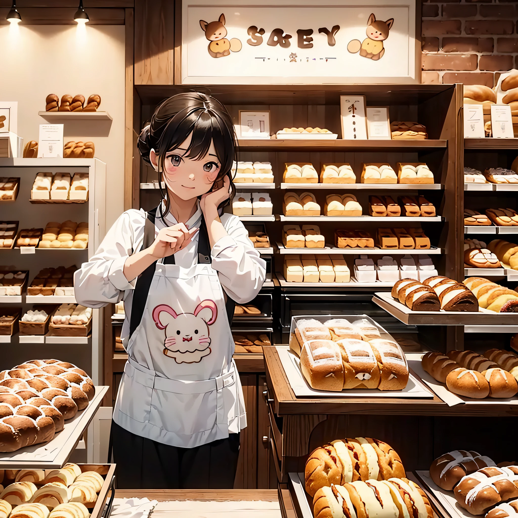 Masterpiece、(((The inside of a bakery famous for its cute clerks and a cute baker)、(Sweet bread with animal faces painted on them)、(Cute-looking bread is on display.))):1.9、Bread making、Highly detailed background,Realistic,ultra-detailliert,super detailed skin,light glow,Film grain,Expro II,Lens Flare,Sharpen,cinematic shadow