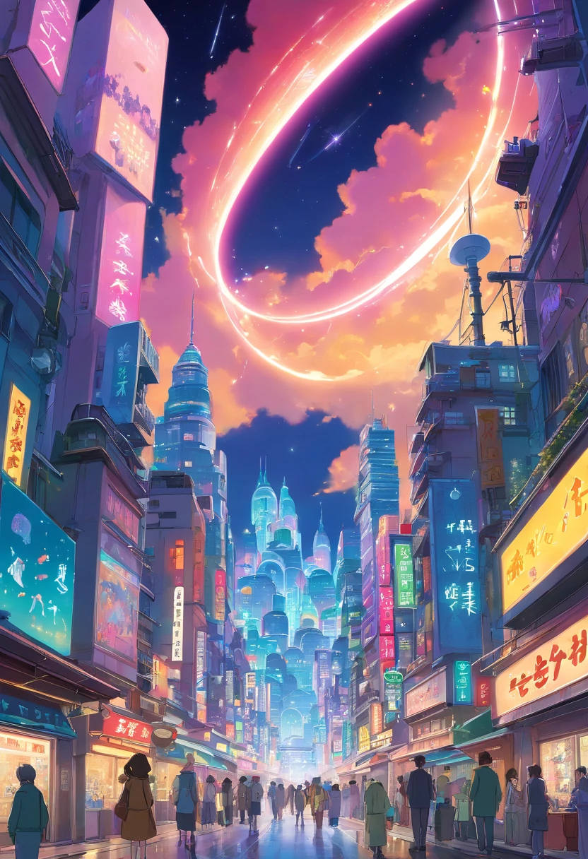 a dazzling cityscape with gleaming skyscrapers adorned with advanced holographic projections. The image showcases a futuristic metropolis pulsating with vibrant lights and dynamic colors, creating a mesmerizing visual spectacle. Traversing elevated walkways, residents move swiftly amidst the soaring towers. The city is bathed in a neon glow, reflecting off its sleek glass facades. The backdrop reveals a starlit sky, adding an otherworldly element to the photograph. This image captures the electrifying energy and awe-inspiring innovation of a technologically advanced urban hub. Photographed by Jan Gehl, a Danish urban design consultant renowned for his human-centered approach to city planning
