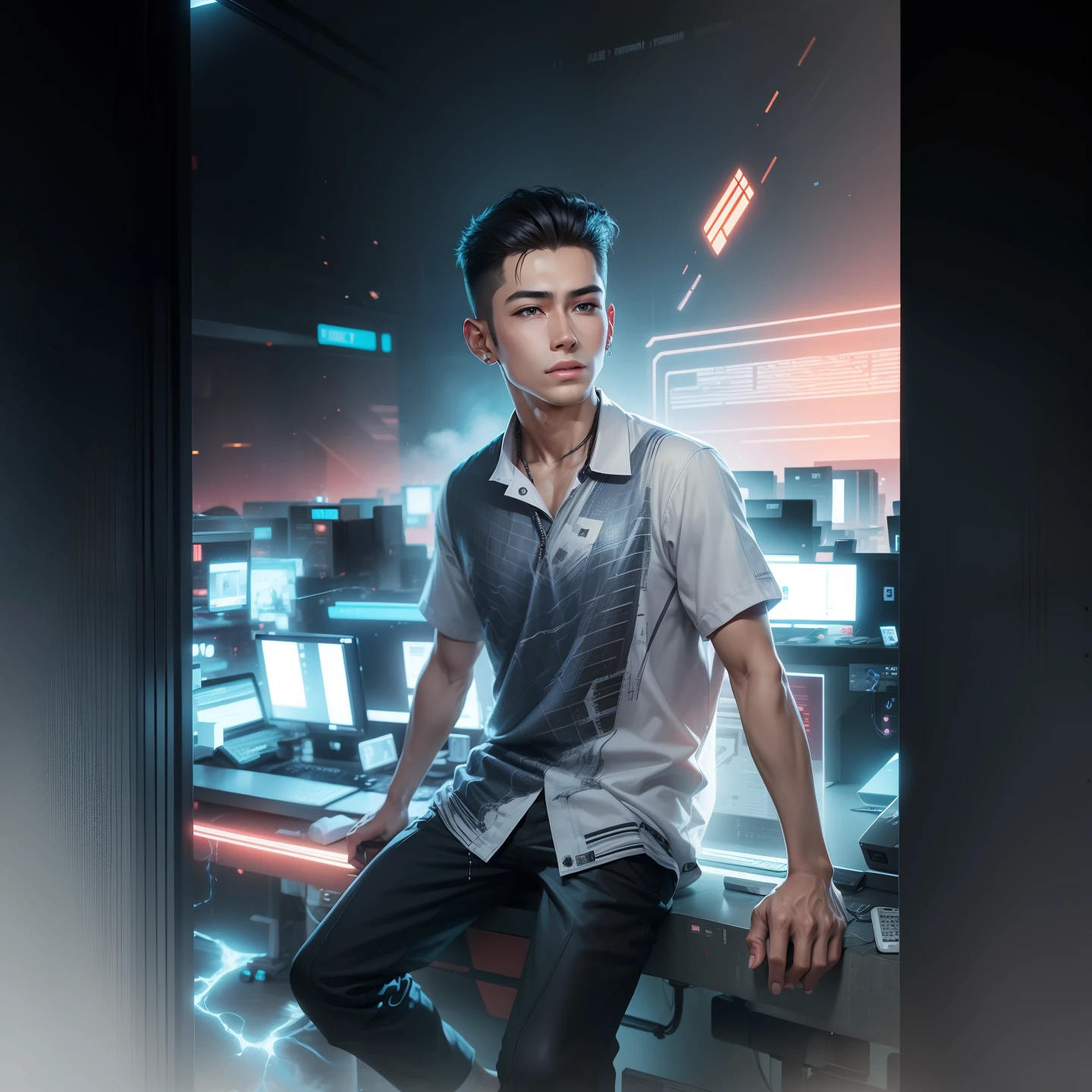 change background Cyber park handsome boy, realistic face, 8