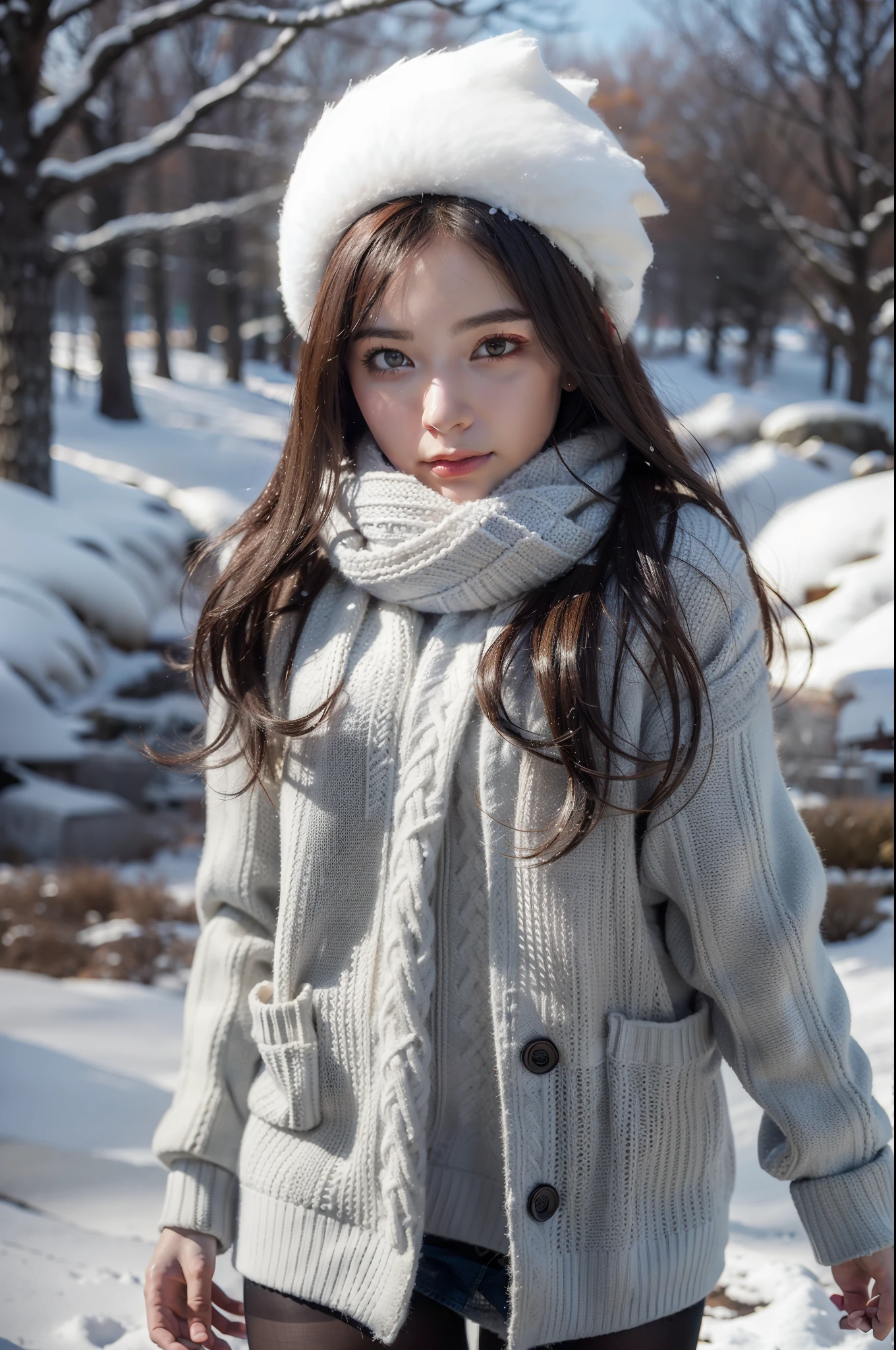 Arafed woman in a white hat and sweater standing in the snow - SeaArt AI