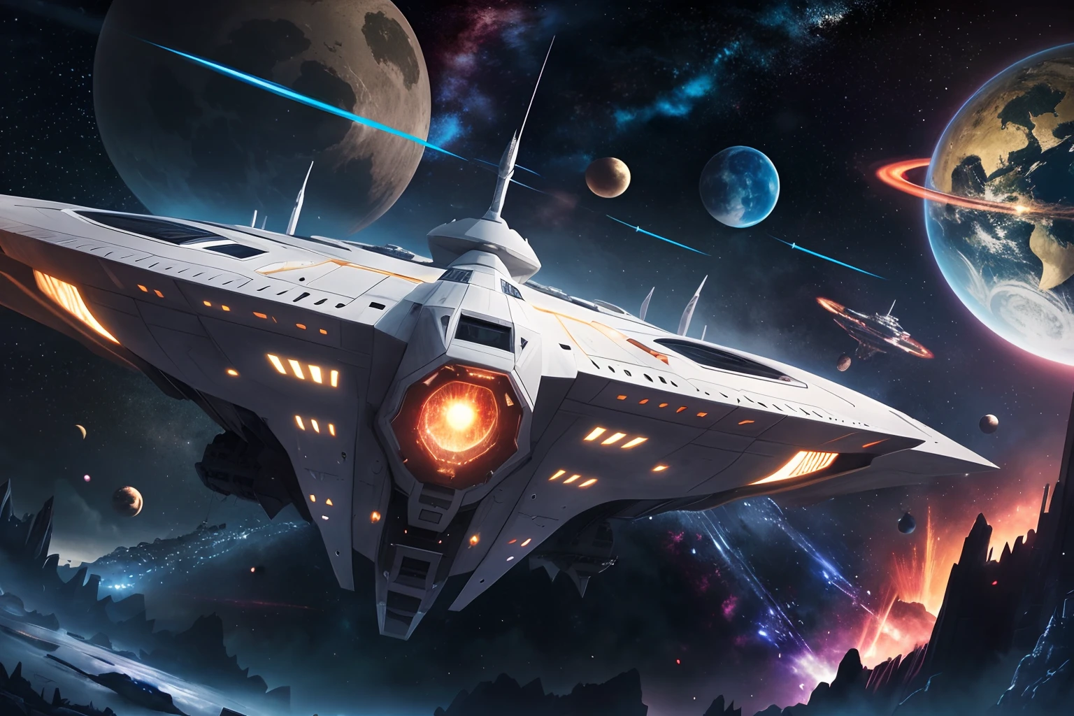 fantasy concept art,1 giant spaceship,The city of the future,Intergalactic colonists,It was dark all around,(Beautiful lights shine from the boat:1.5),24th century,sci-fy,Futuristic,The background is a magnificent view of cosmic space,tmasterpiece,best qualtiy,high qulity,realisticlying,epic shot,电影灯光,16k,Very fine and beautiful,The is very detailed,True shadows,