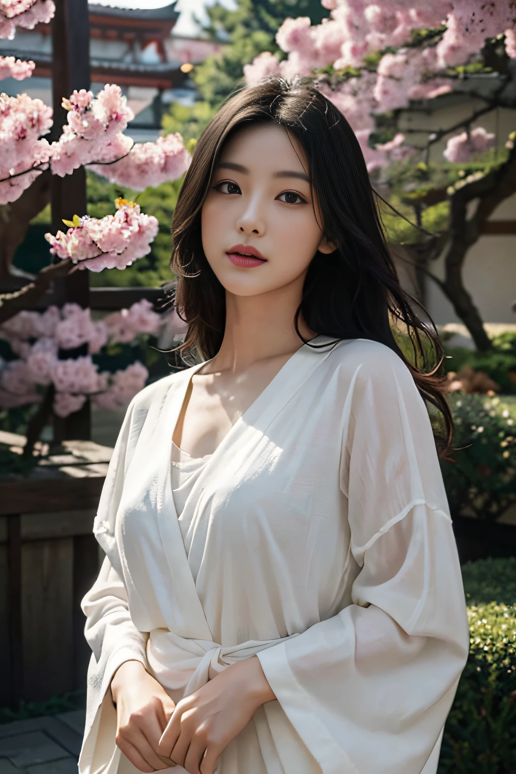 (masterpiece、high-level image quality、hightquality)、A Japanese Lady、Fantastic and out-of-this-world background:1.5、Good looks、Perfect body、Beautiful limbs、Anatomically accurate、Maximizing women's physical and mental beauty、Artistic beauty、Swaying black hair、Clear black eyes、Cinematic scenes、grand background、Making the most of women's beauty、Romantic and passionate、Great Spirit、