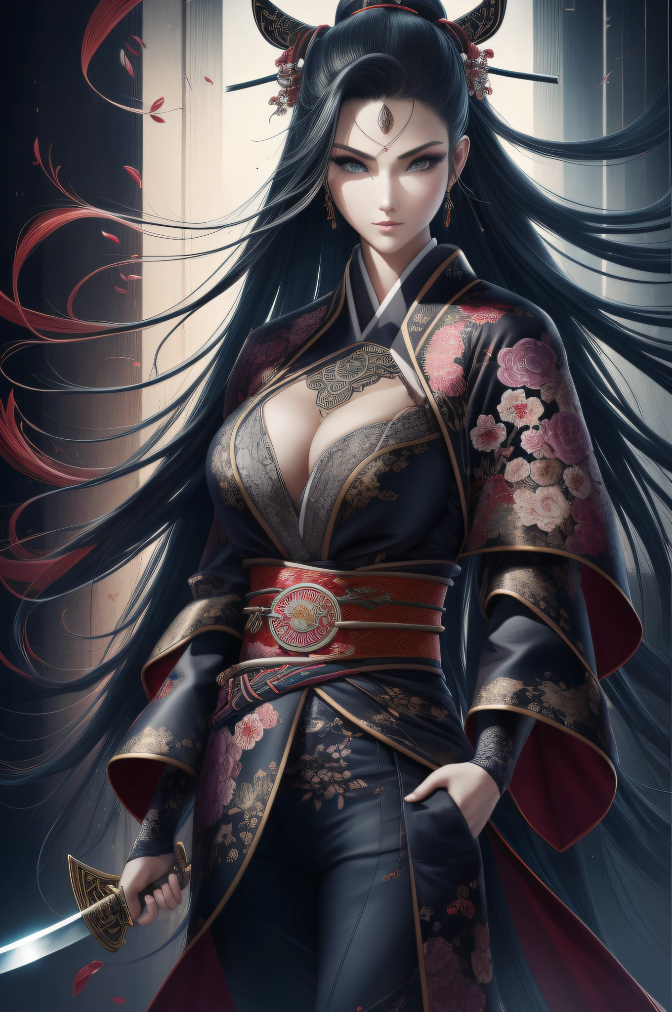 Uma linda samurai sexy, cabelos longos azuis, (( flowing hair )), rosto lindo, corpo lindo delicado, corpo sedutor, usando um quimono aberto sexy e sedutor, empunhando sua Katana de lamina azul clara.
The image is of the highest quality, with every detail captured flawlessly in ultra-high resolution. The textures on the kimono and the intricate patterns are rendered with extreme precision. The lighting is carefully crafted to enhance the dramatic effect, com sombras profundas e destaques sutis.
Geral, The artwork exudes a sense of elegance and power, combining traditional Japanese aesthetics with a touch of modernity.