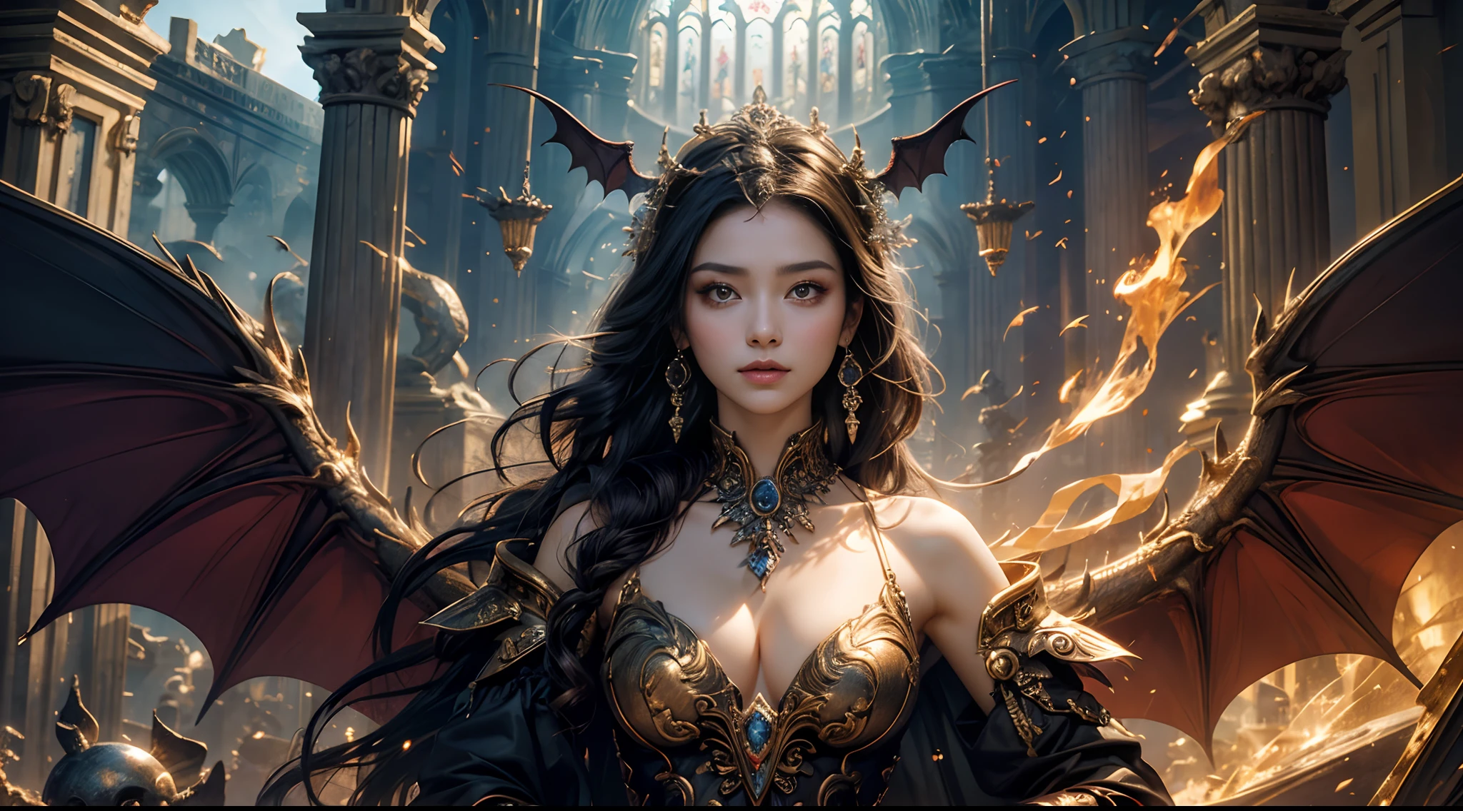 tmasterpiece,top-quality,best qualityer,offcial art,Beauty and aesthetics:1.2),(tmasterpiece:1.3), (8K, realisticlying, RAW photos, best qualtiy: 1.4), beauitful face, (photorealiscic face),超高分辨率, Ultra photo realsisim, highly detailed, the golden ratio, (with dynamism:1.3),(Saturation:1.3),illusory engine, (High detail: 1.9),(femele:1.4),(Large breasts),woman,Dragon's horn,A pair of bat wings,The background is the ruins of a medieval city,Bust,dramatics,(magia)