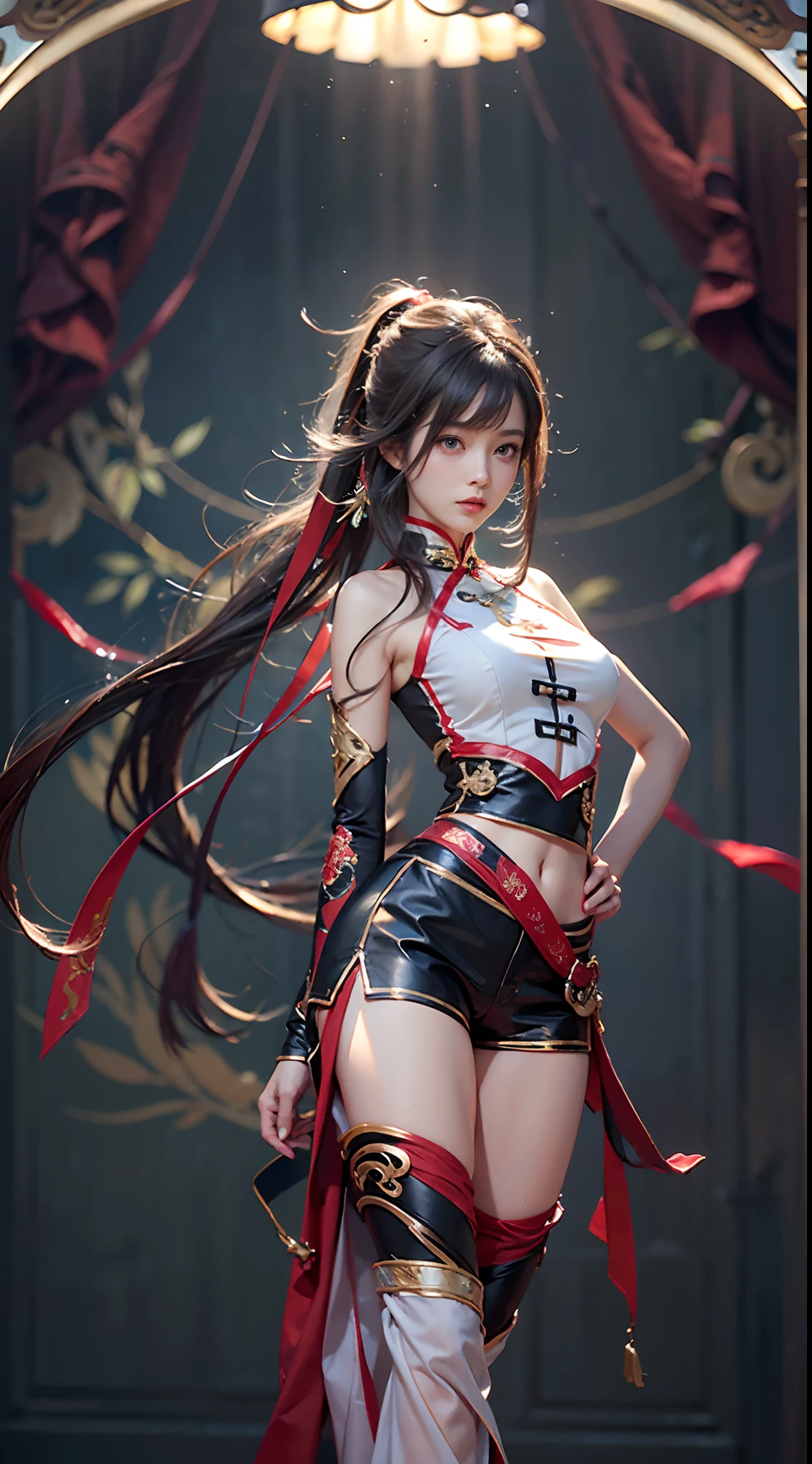 (NSFW), 1womanl, Solo, 24 year old, 7headed body, (cute face), (Ideal ratio body proportions), long , Magic Effects, Fantasia, Toned belly, (((Raise one leg))), ((Kungfu)), ((Red Mini China Costume)), ((Sleeveless)), ((shortpants)), (((Close-up of buttocks))), Sexy body, heavy wind, The costume is sheer, Wet, short-hair, Dark hair, small tits, A slender, Small buttocks, beauty legs, Skinny Legs, surrealism, Cinematic lighting, depth of fields, One-person viewpoint, F/1.8, 135 mm, nffsw, masutepiece, ccurate, ((Anatomically correct)), Textured skin, Super Detail, high details, High quality, awardwinning, Best Quality, hight resolution, 8K
