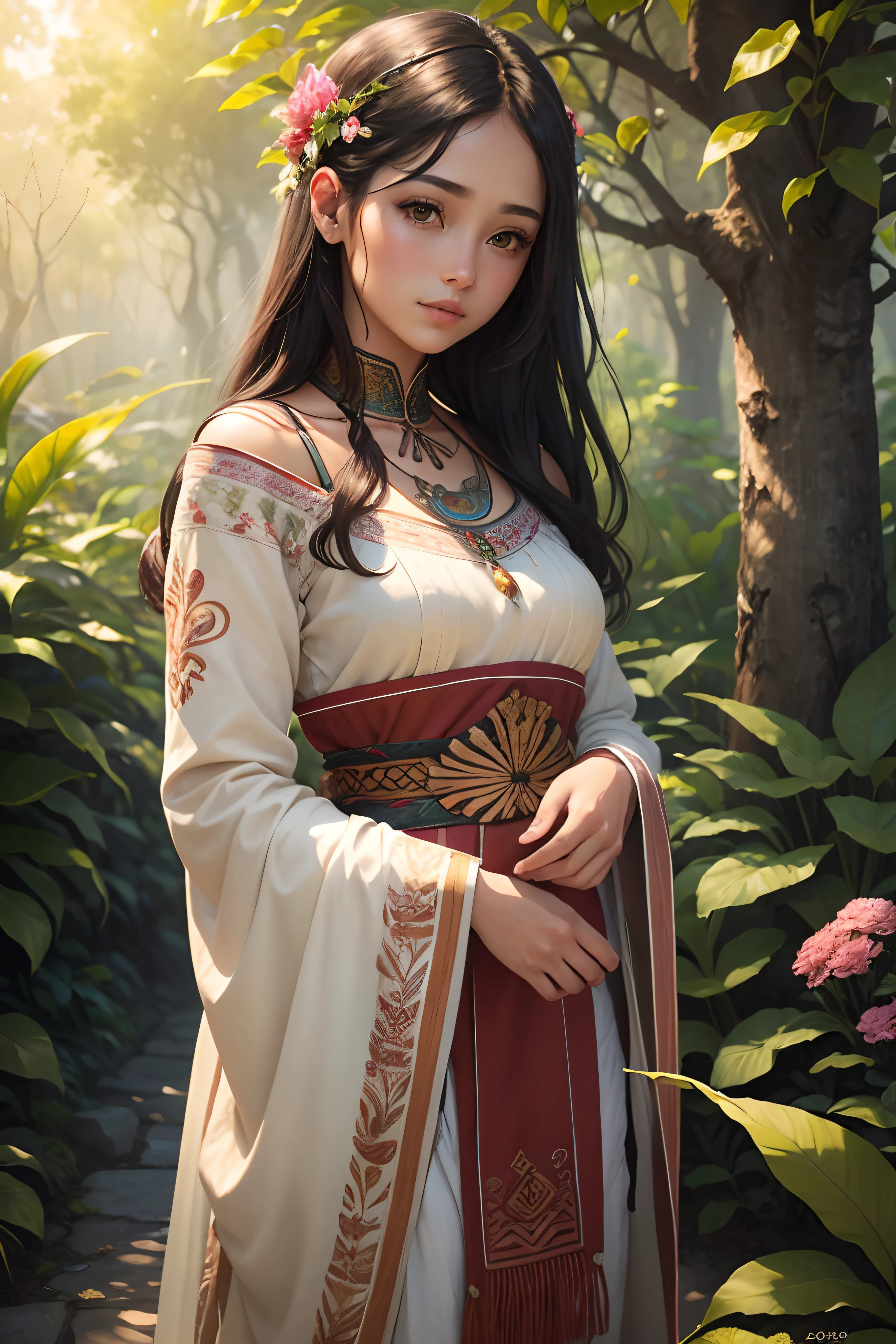 a girl and nature,beautiful detailed eyes,beautiful detailed lips,dark-haired girl,brown eyes,long eyelashes,dressed in traditional Mayan clothing,exquisite embroidery on her clothes,standing in a vibrant garden,full of colorful flowers and lush greenery,sunlight filtering through the leaves,illuminating her face with a warm glow,the sound of birds chirping in the background,soft breeze gently rustling her hair,creating a sense of serenity and tranquility,artistic illustration style,ultra-detailed rendering,high-resolution painting,realistic color tones and shading,vivid and vibrant colors to bring out the beauty of the scene,masterpiece-quality,professional-grade artwork.