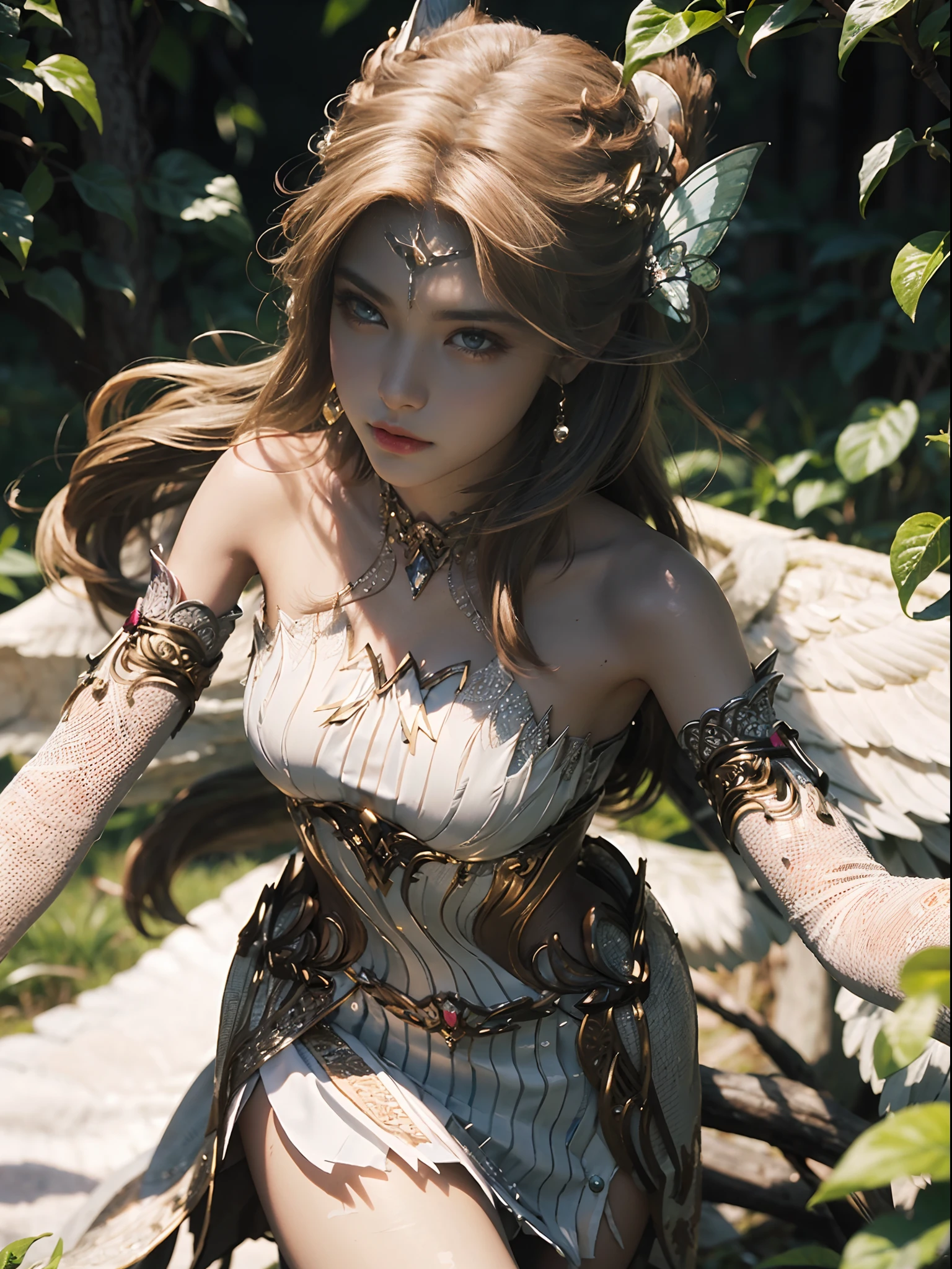 （black pantyhoses），Masterpiece, Best quality，8K, 超高分辨率，Reallightandshadow，Cinema lenses，(beautidful eyes:1.1)， ((中景 the scene is，The upper part of the body))，dynamicposes，On a green meadow，The gentle goddess came with gentle steps。She wore a white dress，A gentle breeze blows，The skirt dances lightly。The sun shone through the leaves in her hair，Reflecting her clear eyes and gentle smile。Colorful butterflies flutter around her，Flowers bloomed at her feet，It was as if nature was cheering for her。