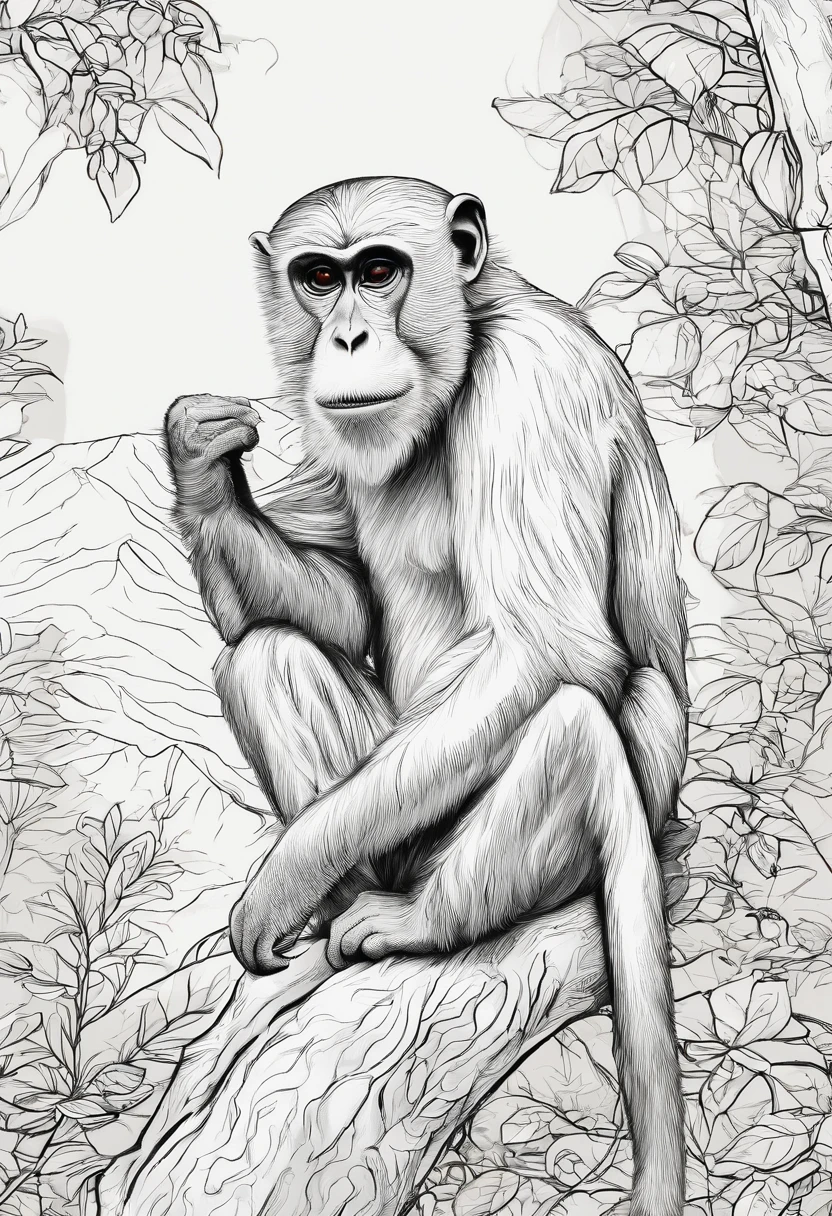 monkeys，on trees，Line drawing hand-drawn，Hand drawn illustration，Black and white style，Ultra-clear detail，超高分辨率，8K