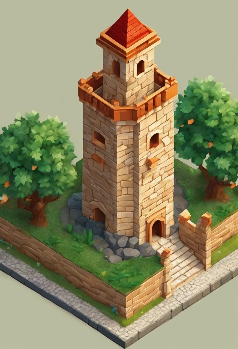 absurdres, best quality, fantasy, isometric, knolling style of (miniature brick round tower:1.2), tree, stone wall, (simple background:1.2)
