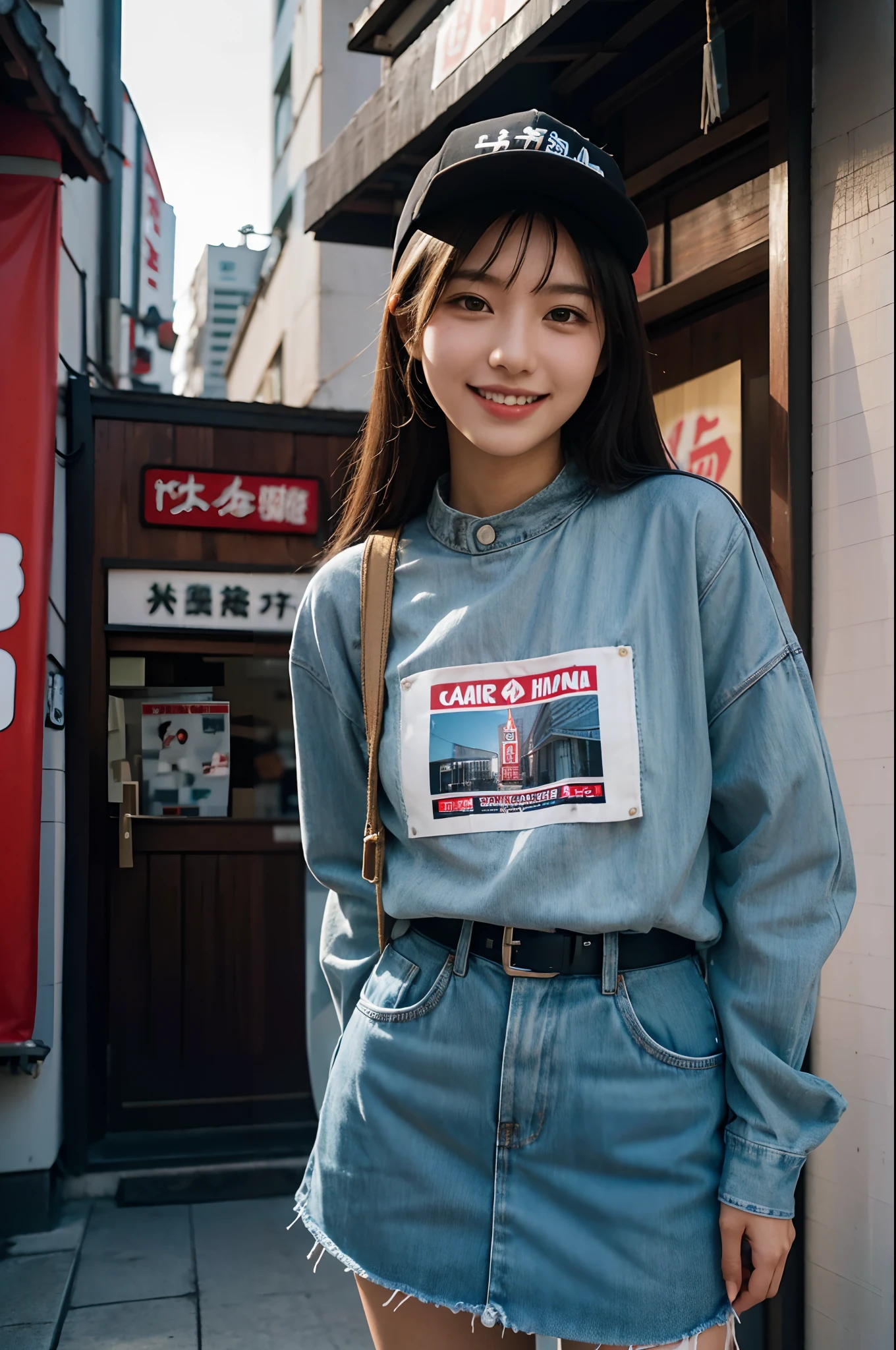 arafed woman standing in front of a tall tower with a smile, mid shot portrait, taken with canon eos 5 d mark iv, japanese streetwear, medium portrait, in front of ramen shop, outlive streetwear collection, portrait of a japanese teen, shot on sony a 7 iii, chiho, taken with canon 8 0 d, a young asian woman