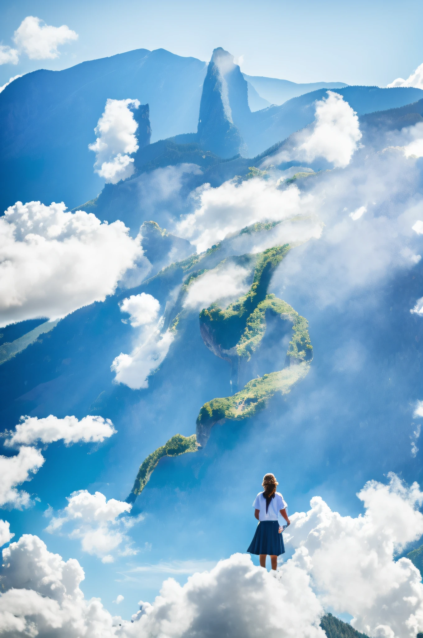 Blue sky and white clouds,Surrounded by mountain fog,A girl with her back to the audience,Standing in the green mountains，Reach out and touch the clouds,Depth of field, lightand shade contrast,Realistic,Masterpiece,Award-winning photography,8K