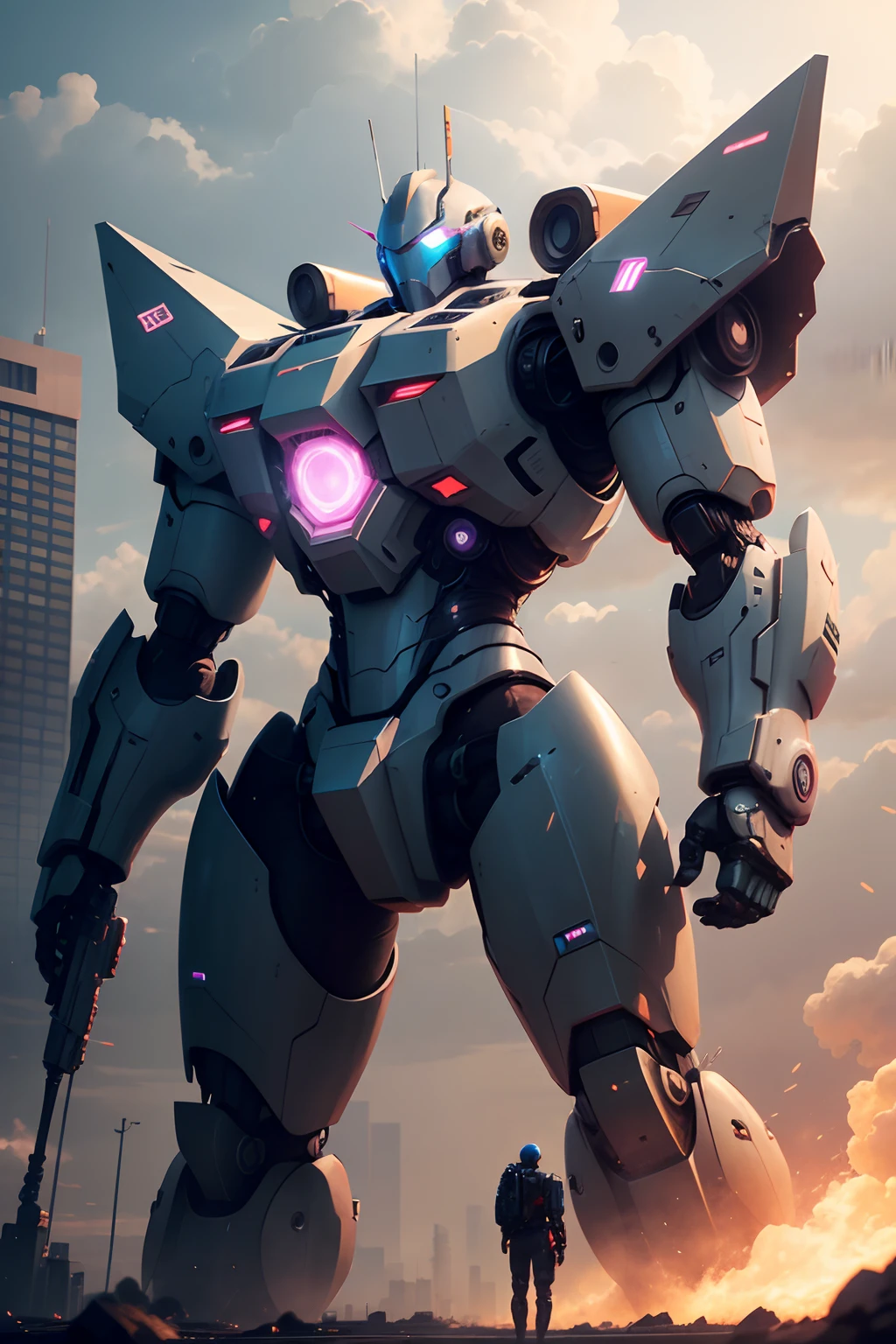 sky, cloud, holding_weapon, no_humans, glowing, , robot, building, glowing_eyes, mecha, science_fiction, city, realistic,mecha