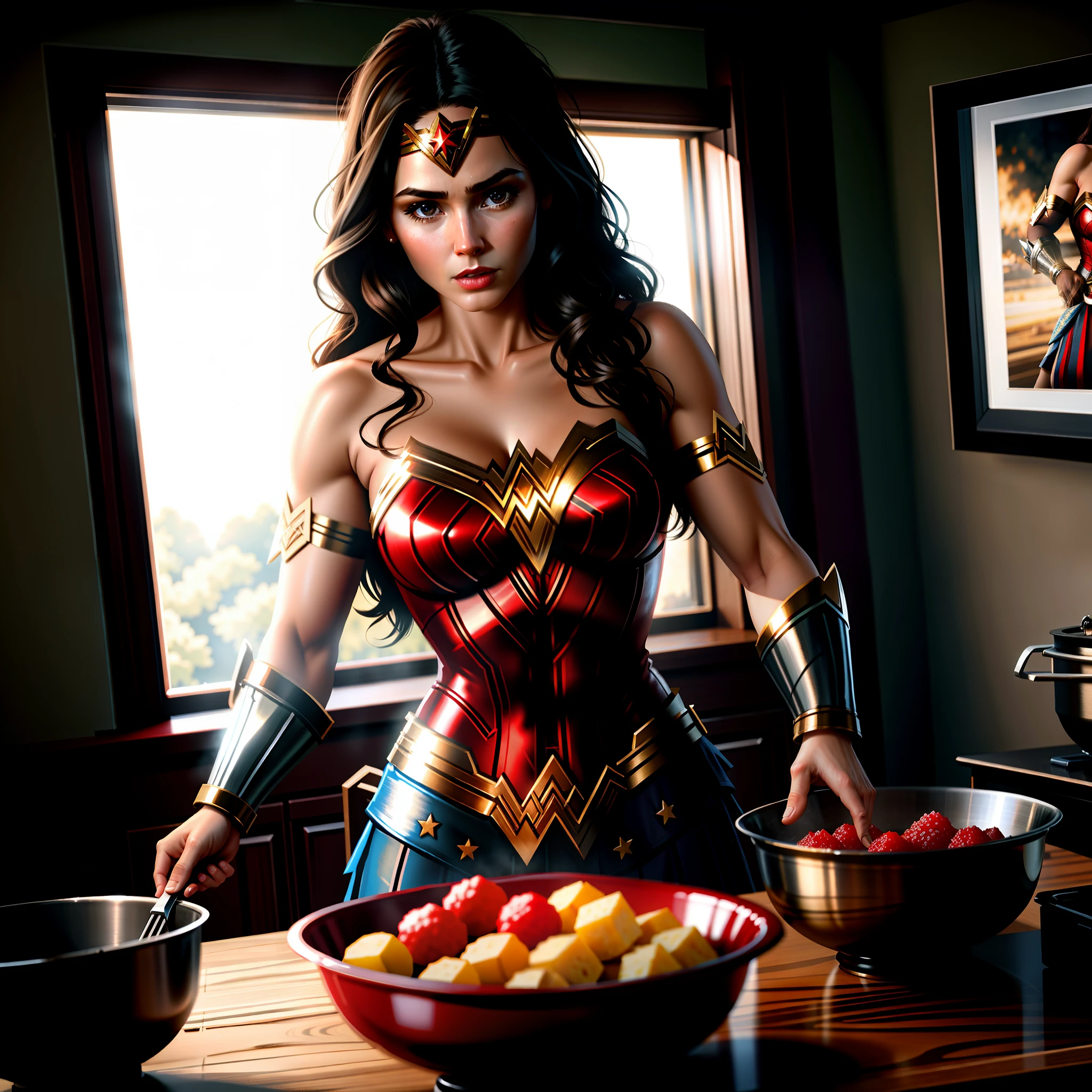 Wonder Woman preparing dinner. Trending on Artstation, Unreal Engine, 3D shading, shadow depth, ethereal fantasy hyperdetailed mist Thomas Kinkade