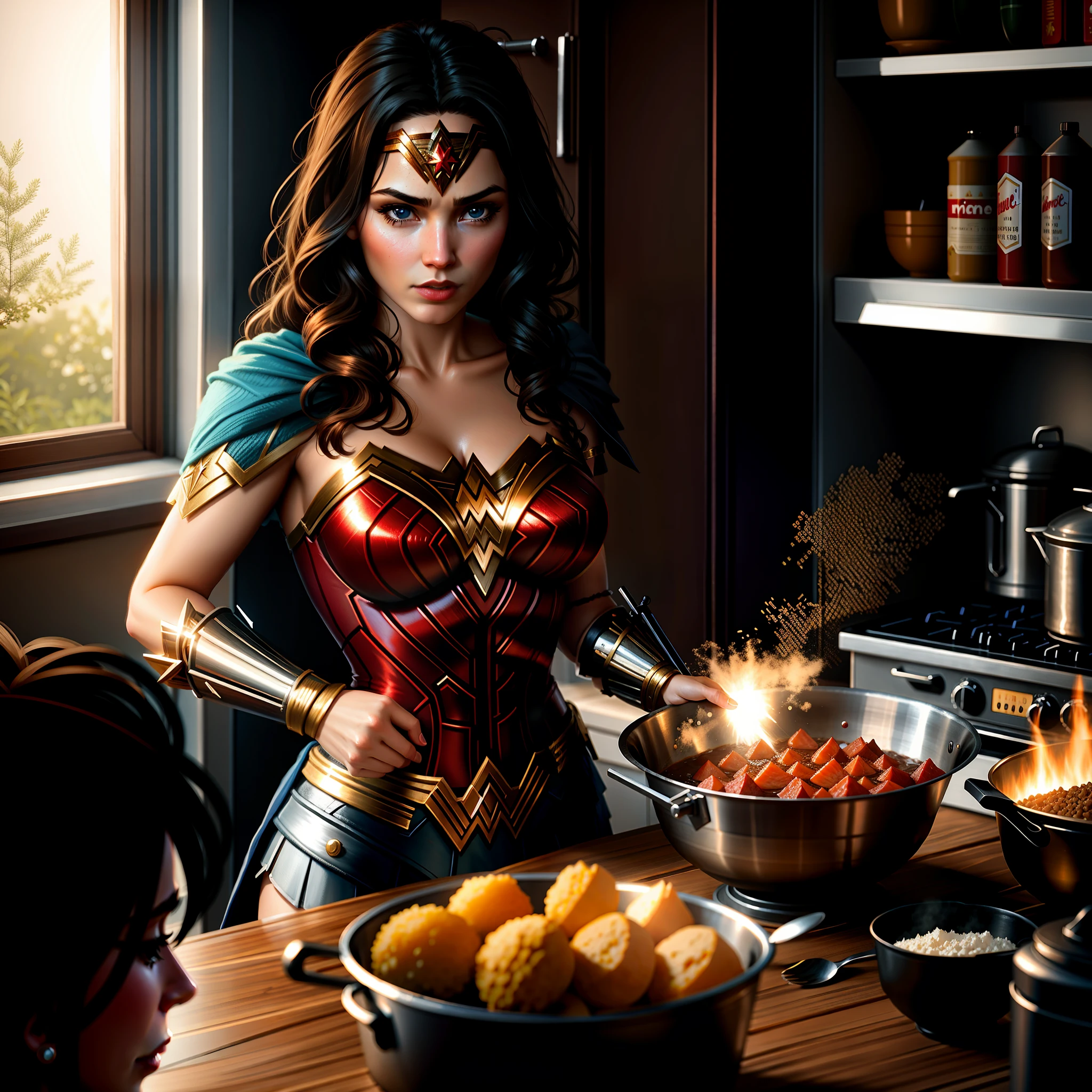 Wonder Woman preparing dinner. Trending on Artstation, Unreal Engine, 3D shading, shadow depth, ethereal fantasy hyperdetailed mist Thomas Kinkade